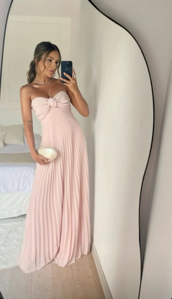 Elegant Light Pink Strapless Chiffon Long Prom Dress for Evening Party & Formal Events - J3987 | Perfect for Homecoming, Prom Night, Wedding Guest & Special Occasions