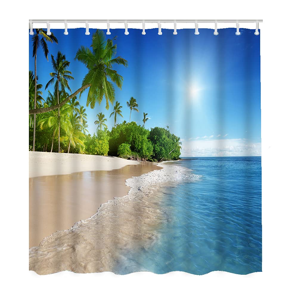 WONDERTIFY Tropical Beach Shower Curtain - Waterproof Bathroom Decor with Palm Trees & Ocean Scene, 72x84 Inch Blue - Perfect for Coastal, Vacation & Tropical Themed Bathrooms