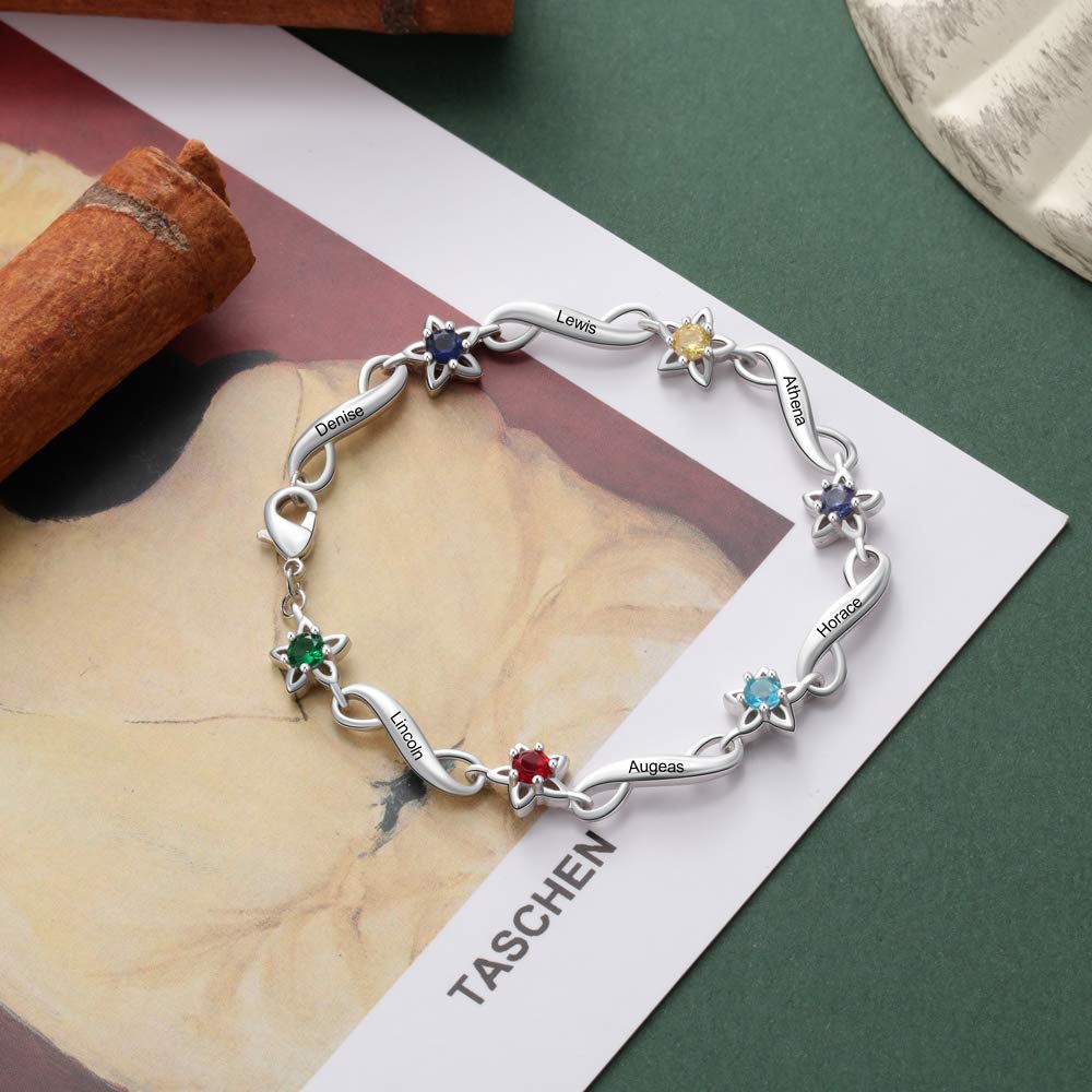 Personalized Infinity Mothers Bracelet with 6 Simulated Birthstones & Engraved Names - Family Jewelry Gift for Women, Mom, Wife - Perfect for Mother's Day, Birthday & Anniversary Celebrations