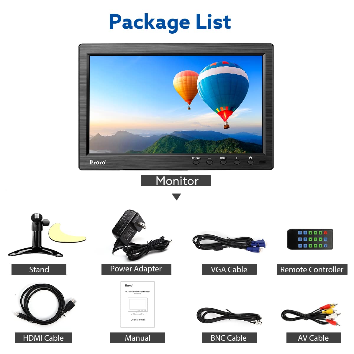 Eyoyo 10 Inch HD TFT LCD Monitor - 1024x600 Resolution, Supports AV/VGA/BNC/HDMI Input for CCTV, DVD, PC & DVR - Built-in Speakers & Remote Control - Ideal for Security Systems, Gaming & Home Entertainment