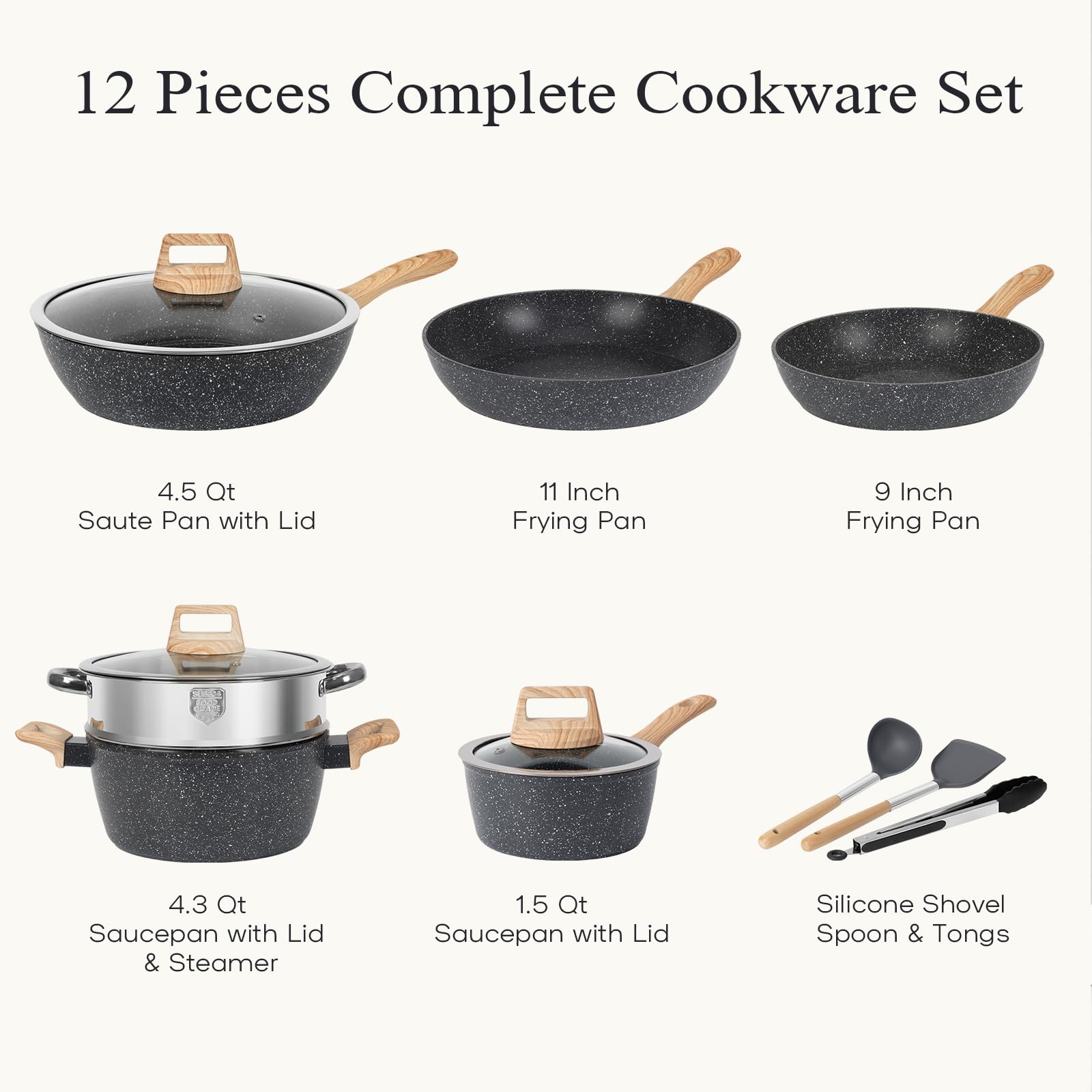 12-Piece Nonstick Cookware Set - Black Granite Induction Pots and Pans Set | PFAS, PFOA, PFOS Free | Healthy Kitchen Cooking Set with Frying Pans, Saucepans & Steamer | Perfect for Home Chefs, Daily Cooking & Family Meals
