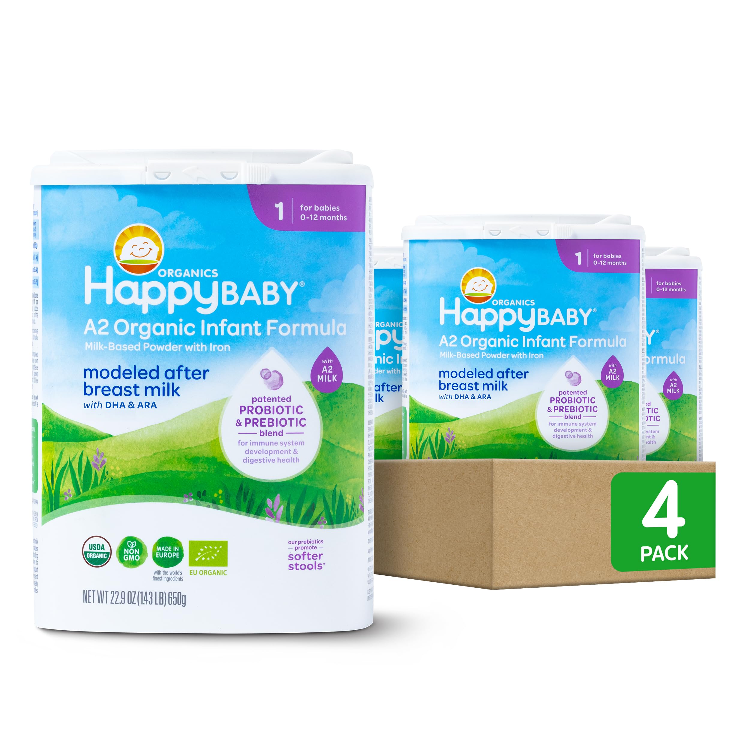 Happy Baby Organics Stage 1 A2 Infant Formula Powder - Organic Milk Based Baby Formula for 0-12 Months with Probiotics & Prebiotics for Immune & Digestive Support - 22.9oz (4 Pack) | Ideal for Newborns & Infants, Perfect for Daycare or Travel