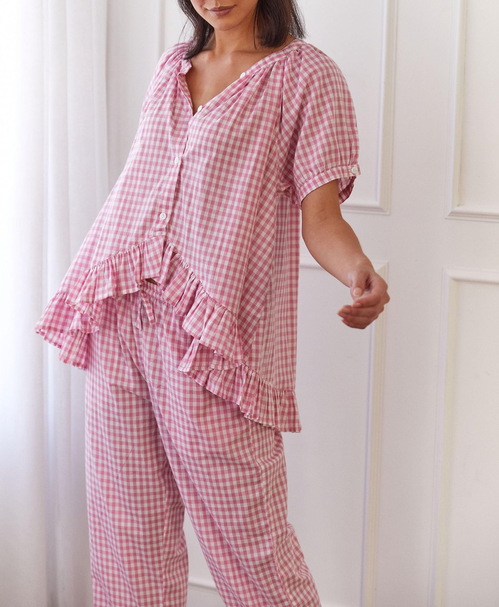 KMBANGI Women's Y2K Plaid Pajama Set - Ruffled Hem Gingham Short Sleeve Top & High Waist Bell Bottom Pants - Cute Lounge Wear for Sleepovers, Girls Night In & Cozy Home Relaxation