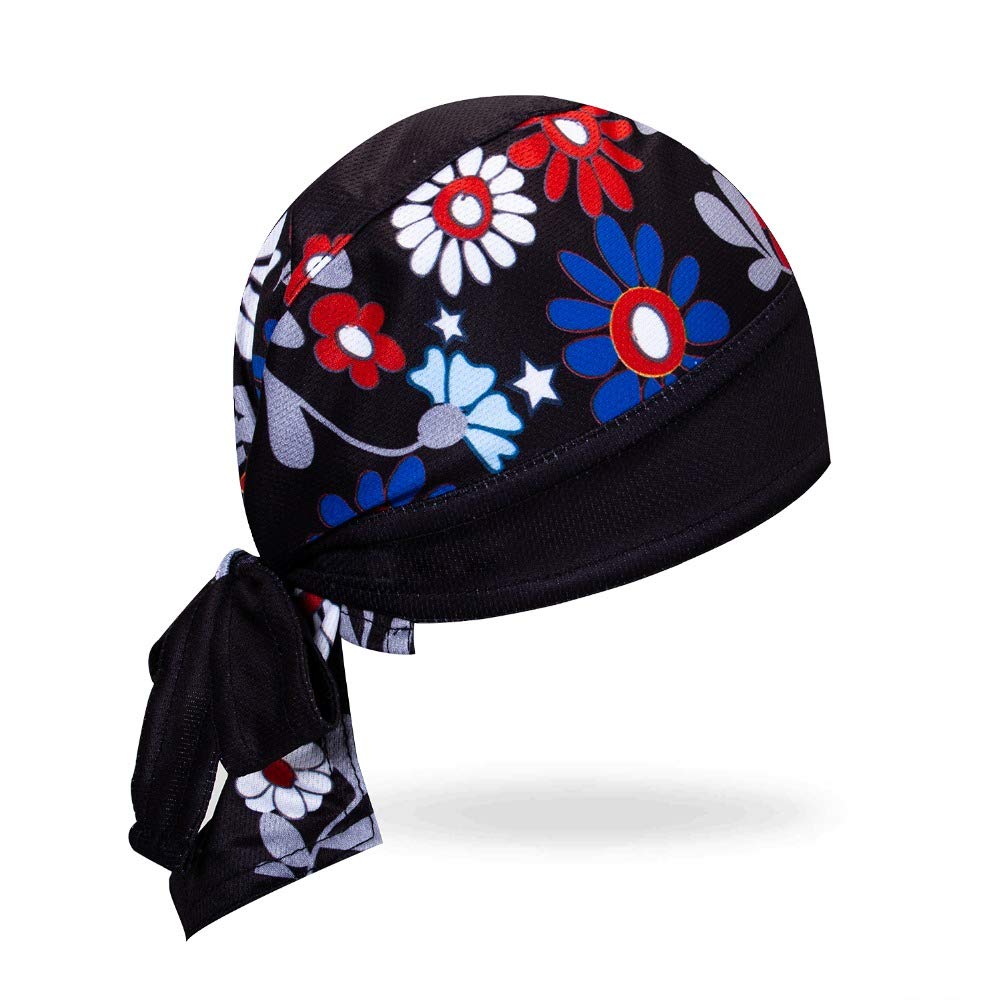 Breathable Moisture-Wicking Microfiber Head Wrap - Red, Blue, White & Black Floral Design - Stretchy Biker Hat, Durag & Skull Cap for Cycling, Running & Outdoor Sports