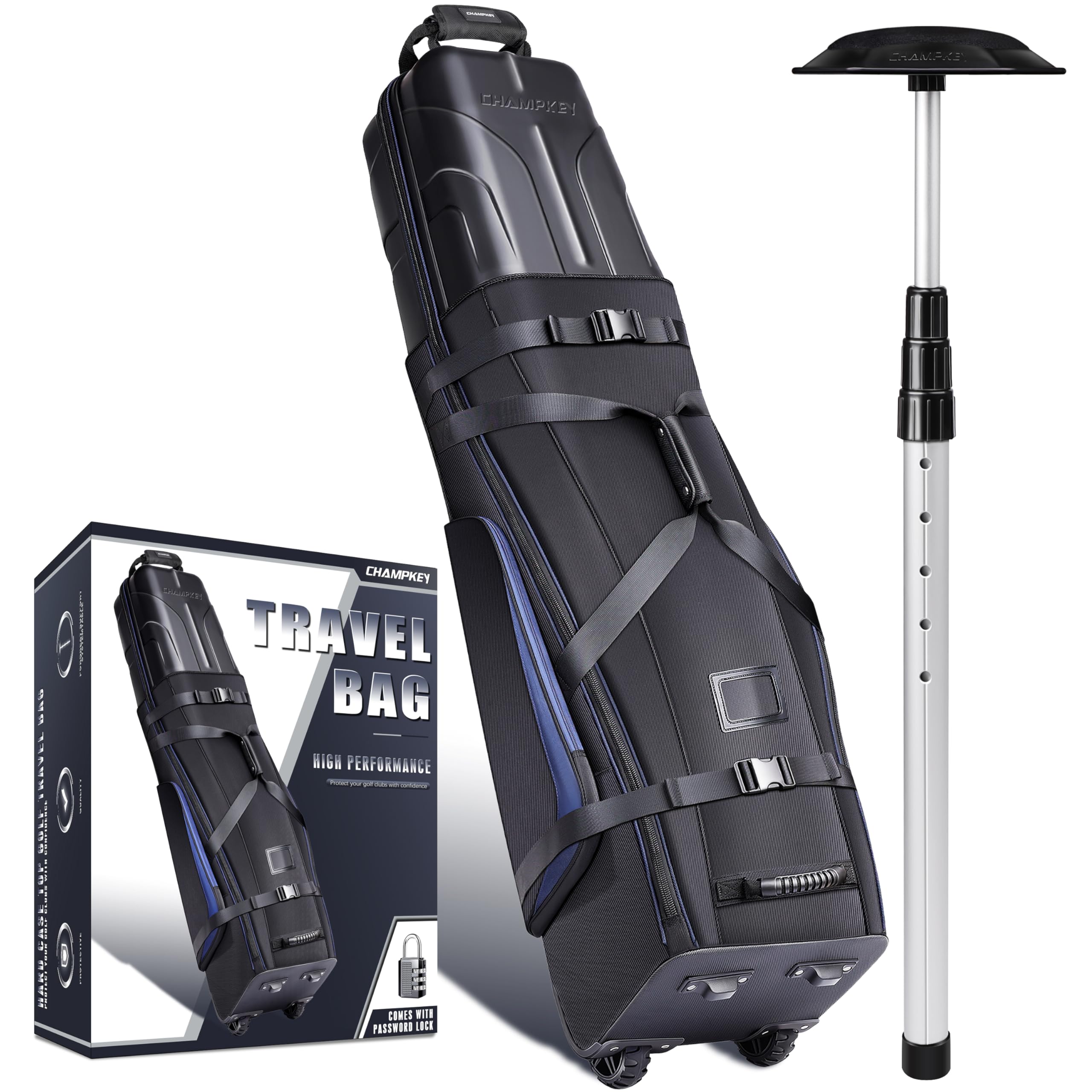 CHAMPKEY Hard Shell Golf Travel Bag with Password Lock & Support Pole - Airline Approved Golf Club Case with Oversized Wheels for Easy Transport | Perfect for Air Travel & Golf Tournaments