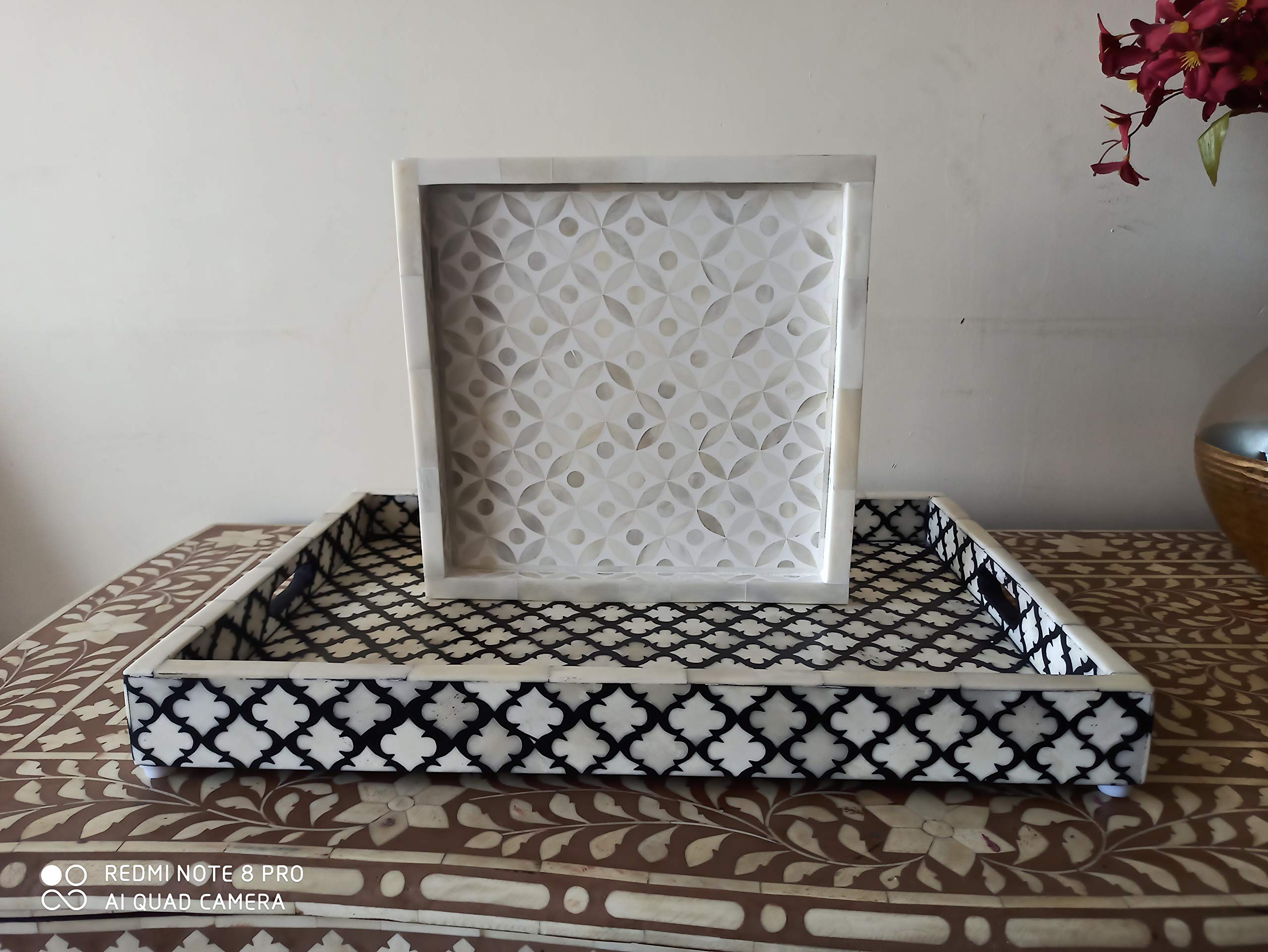 Handcrafted Antique Bone Inlay Serving Tray - White Wooden Decorative Ottoman Tray for Breakfast in Bed, Coffee Table Decor & Home Accessories | Fairdeal Handicrafts
