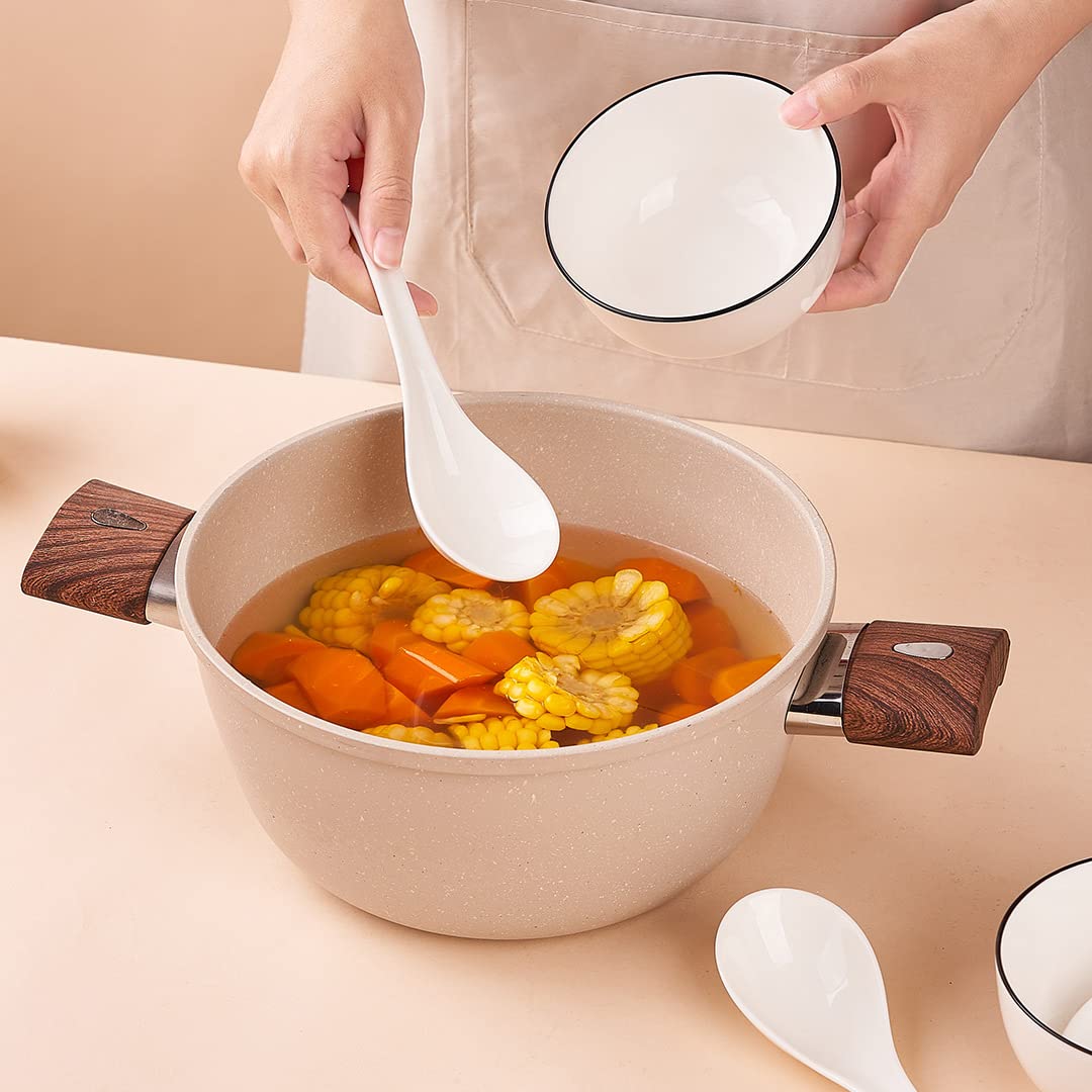 Premium Porcelain Soup Spoons Set of 4 - 6.6 Inch Ceramic Asian Soup Spoons for Ramen, Pho, Miso & Chinese Cuisine - Elegant White Japanese Style Tableware for Restaurants & Home Dining