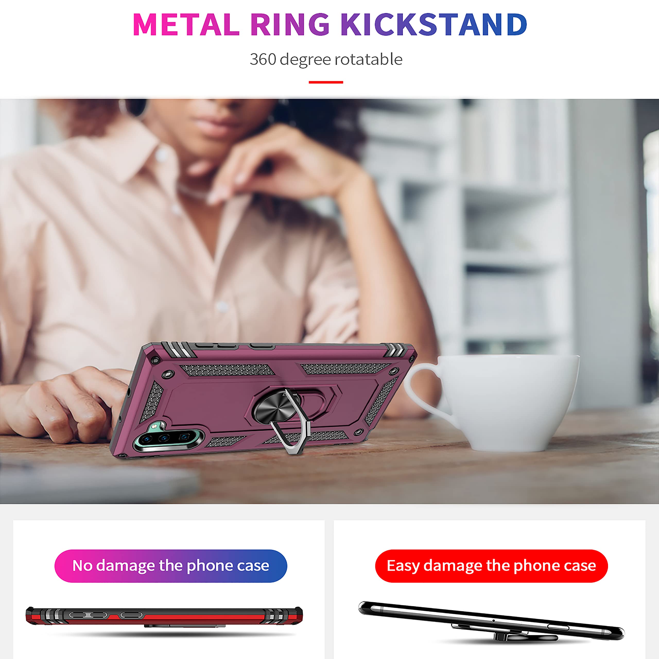 Galaxy Note 10 Case with [2 Pack] 3D Curved Tempered Glass Screen Protector & Magnetic Car Mount Holder - Wine Red - Perfect for Driving, Work, and Daily Protection