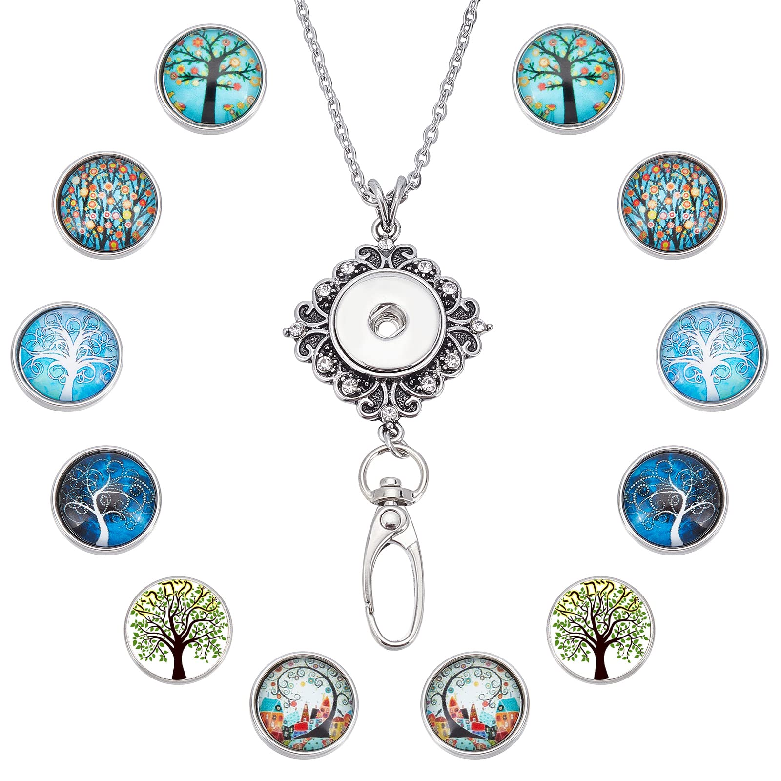 12Pcs Snap Button Lanyard Necklace for Teachers, Office & School - Stainless Steel ID Badge Holder with Breakaway Safety