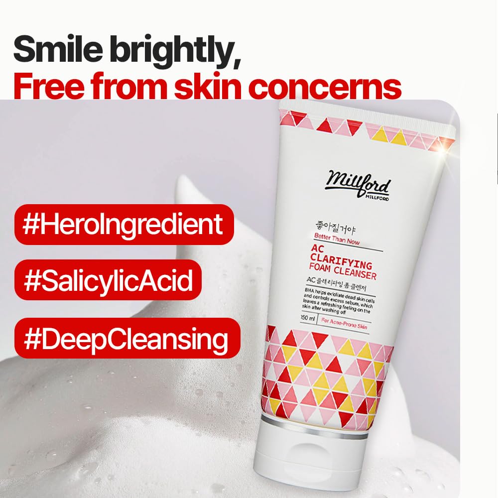 AC Clarifying Foam Cleanser 150ml (5.1 fl oz) - Oil-Free Salicylic Acid Face Wash with BHA for Oily & Acne-Prone Skin | Fragrance-Free Korean Skincare | Daily Deep Cleansing for Clear, Smooth Complexion | Perfect for Morning & Night Routine