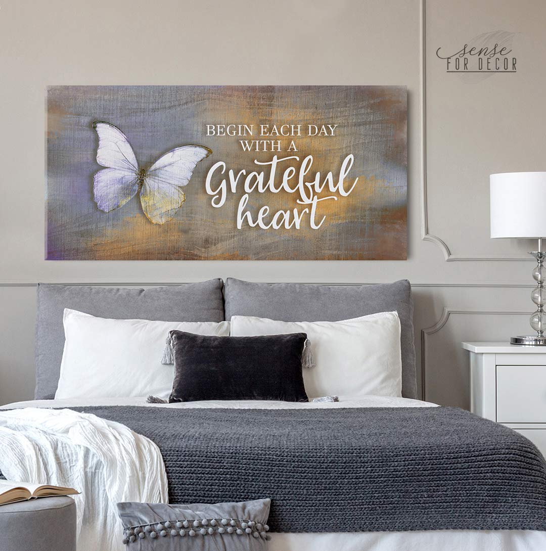 Inspirational Wall Art - 'Begin Each Day' Motivational Quote Canvas Print | Blessed & Religious Home Decor | Large Butterfly Wall Décor (Orange, 42x19 inches) | Perfect for Living Room, Bedroom & Office