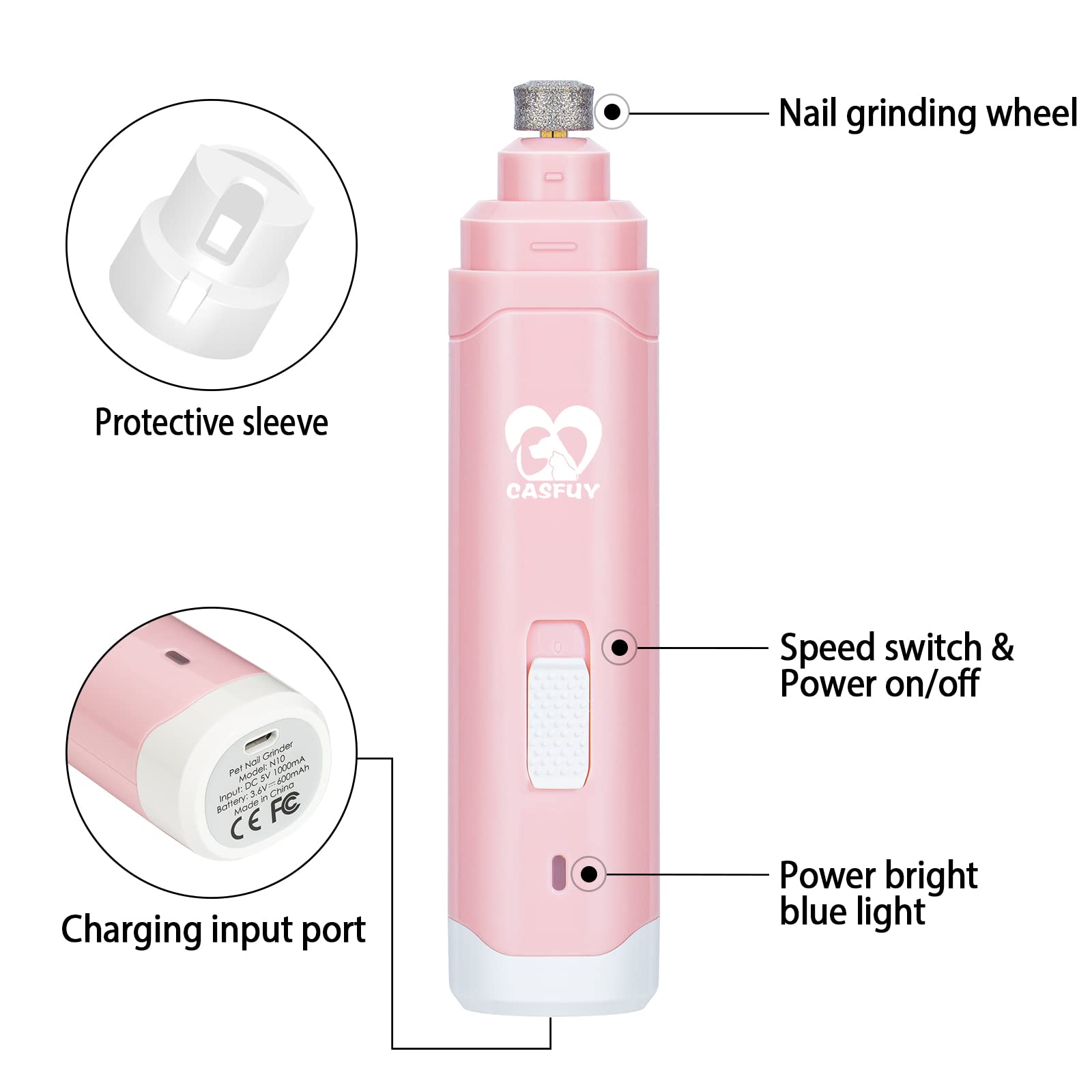 Casfuy Upgraded Dog Nail Grinder - Professional 2-Speed Electric Pet Nail Trimmer, Rechargeable & Painless for Small to Large Dogs & Cats | Safe Paws Grooming & Smoothing Tool for Home Pet Care