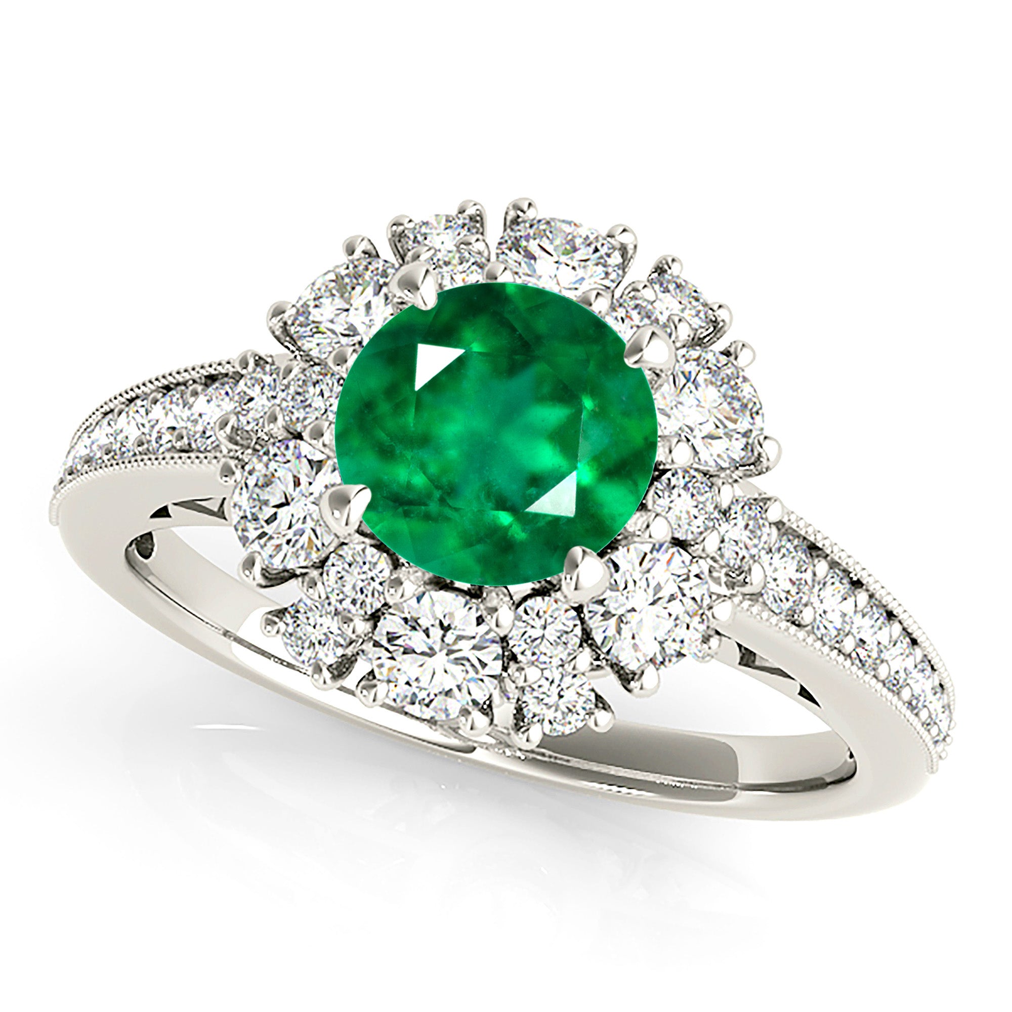 1.75 Carat Genuine Emerald Ring with Halo and Floral Basket Setting - Elegant Engagement, Wedding, Anniversary Gift for Her