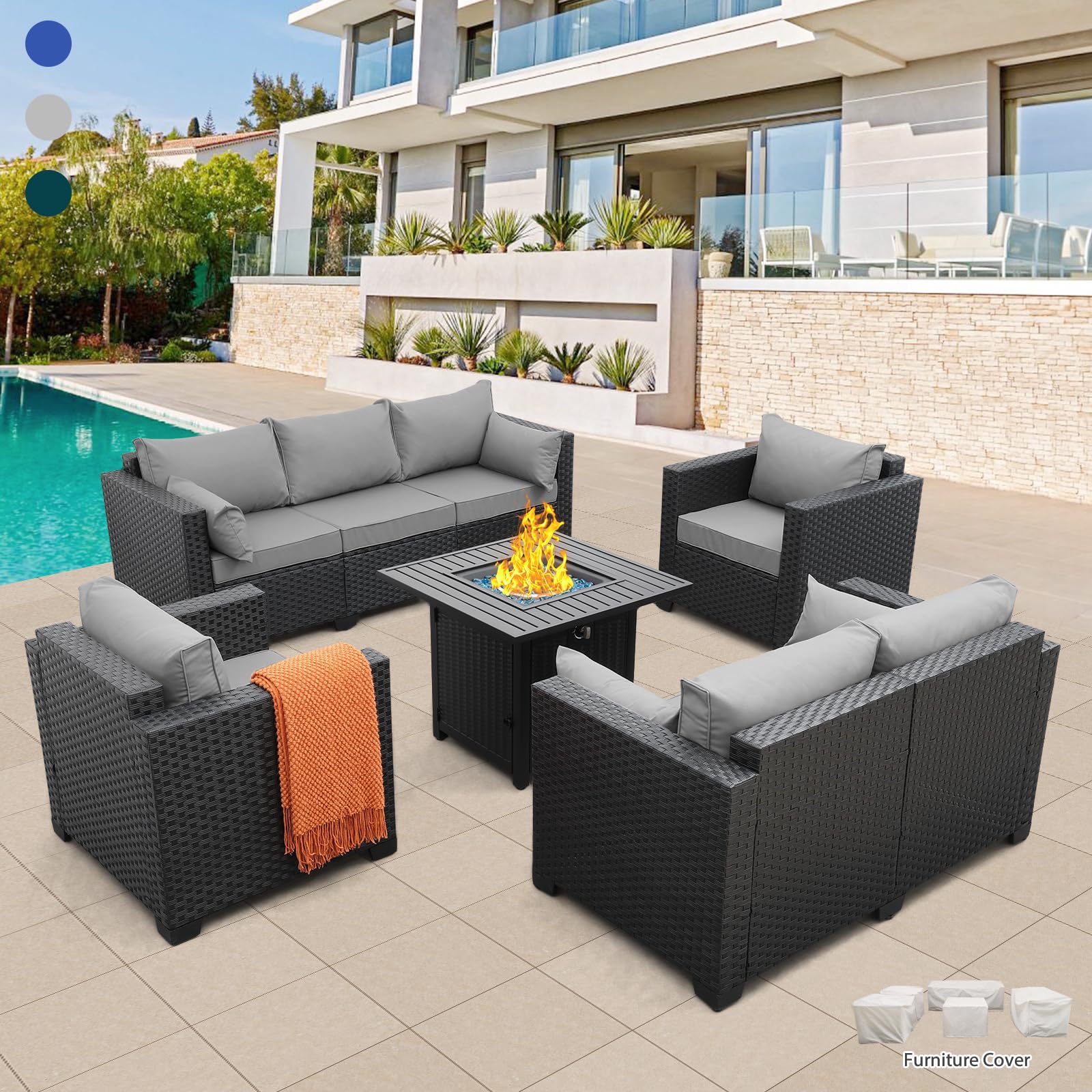 5-Piece Patio Furniture Sectional Sofa Set with 50,000 BTU Propane Fire Pit - Outdoor Wicker Conversation Set with Square Steel Table, Grill Top & Non-Slip Cushions - Perfect for Backyard, Deck or Poolside Gatherings (Light Grey)