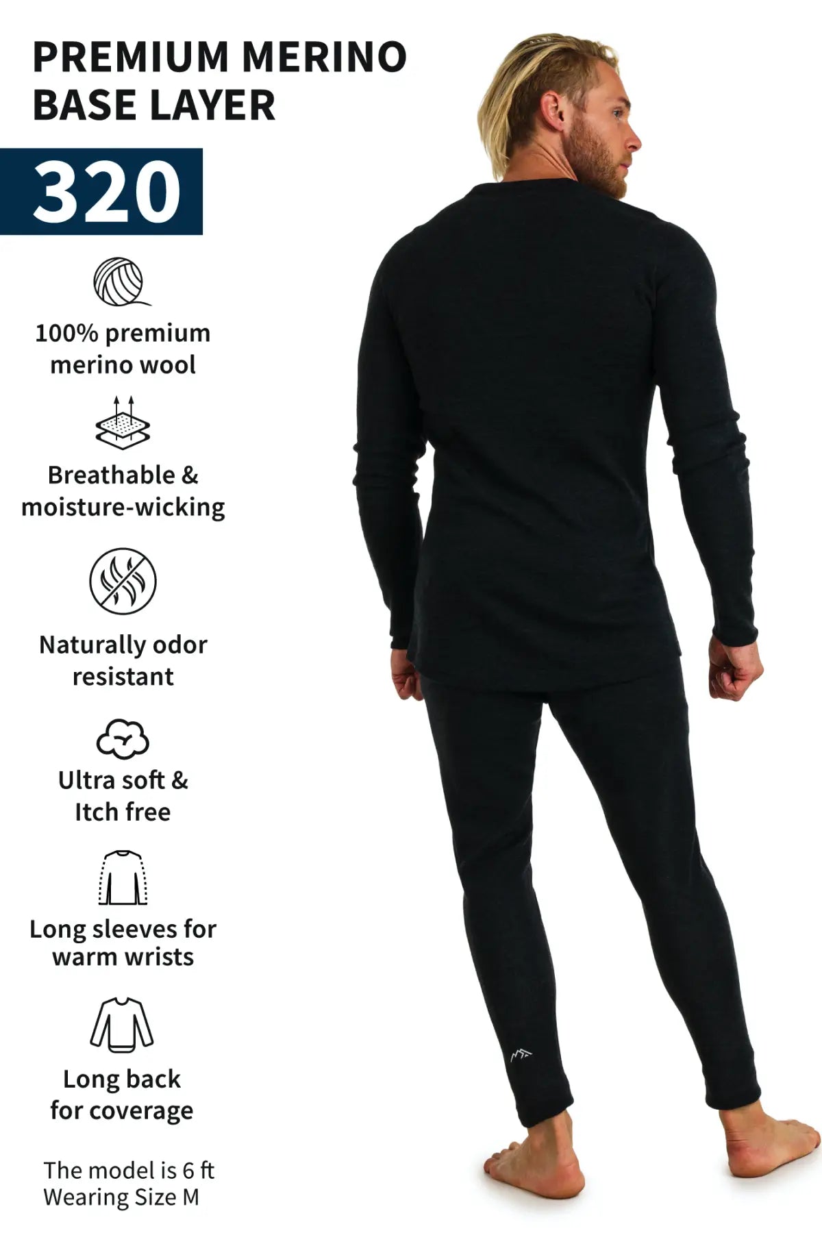 Men's Merino Wool Thermal Underwear Set - 320 GSM Charcoal Grey - Base Layer for Skiing, Hiking & Winter Outdoor Activities