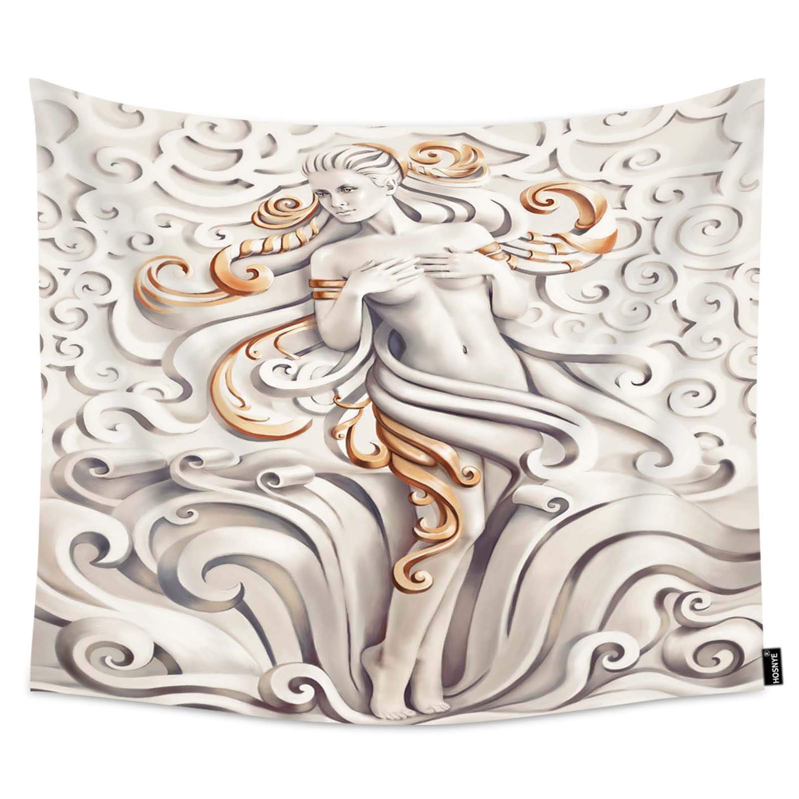 Extra Large Bohemian Tapestry Wall Hanging - Beautiful Nude Woman Art with Gold Thread in Curly Hair, 90x60 Inches, Aesthetic Room Decor for Bedroom, Living Room, Dorm & Meditation Space
