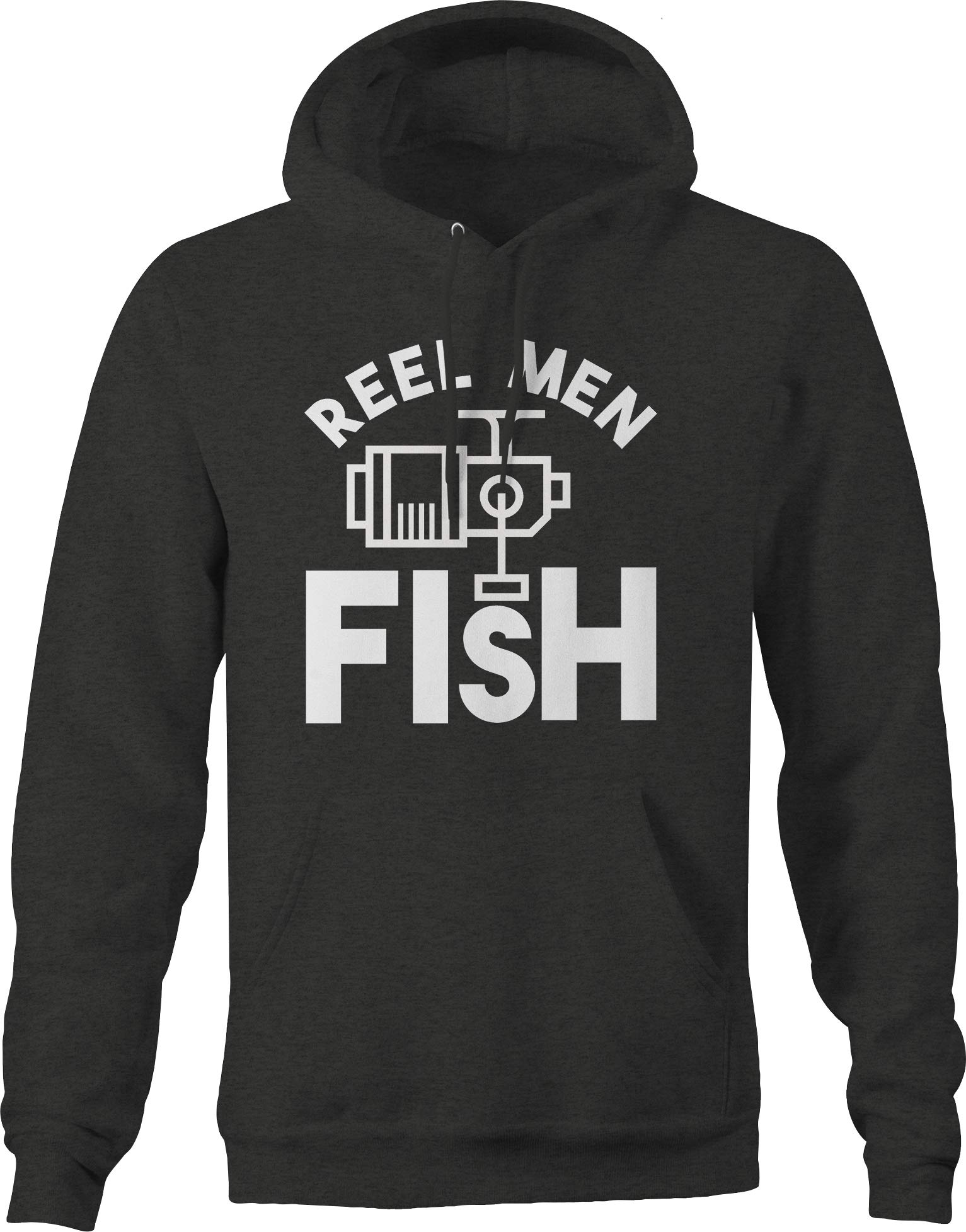 Funny Fisherman Hoodie for Men - Dark Grey Reel Men Fish Design - Comfortable Outdoor Fishing Apparel for River & Lake Fishing Enthusiasts