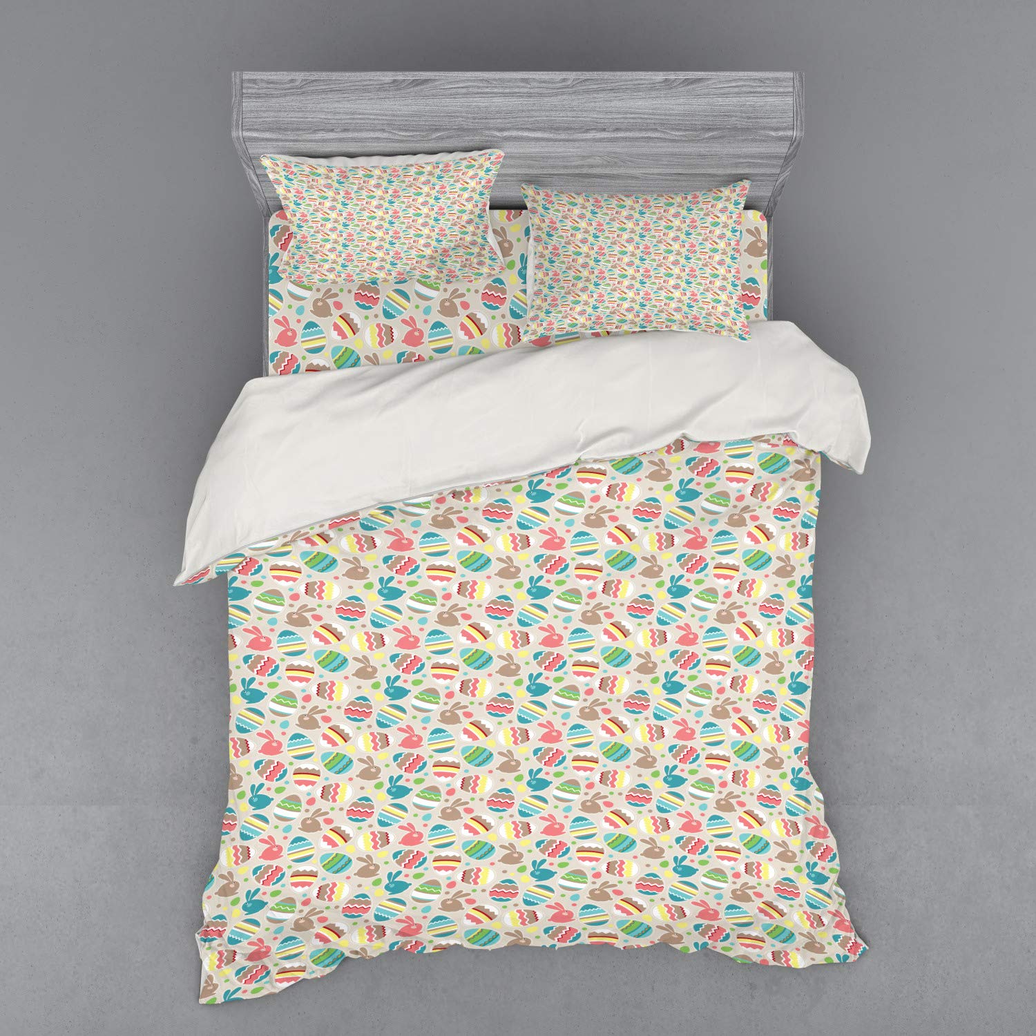 Ambesonne Easter Bedding Set 4-Piece - Cartoon Holiday Duvet Cover with Bunnies, Dots & Zigzag Patterns - Queen Size Multicolor Bed Sheets for Spring Decor & Seasonal Celebration