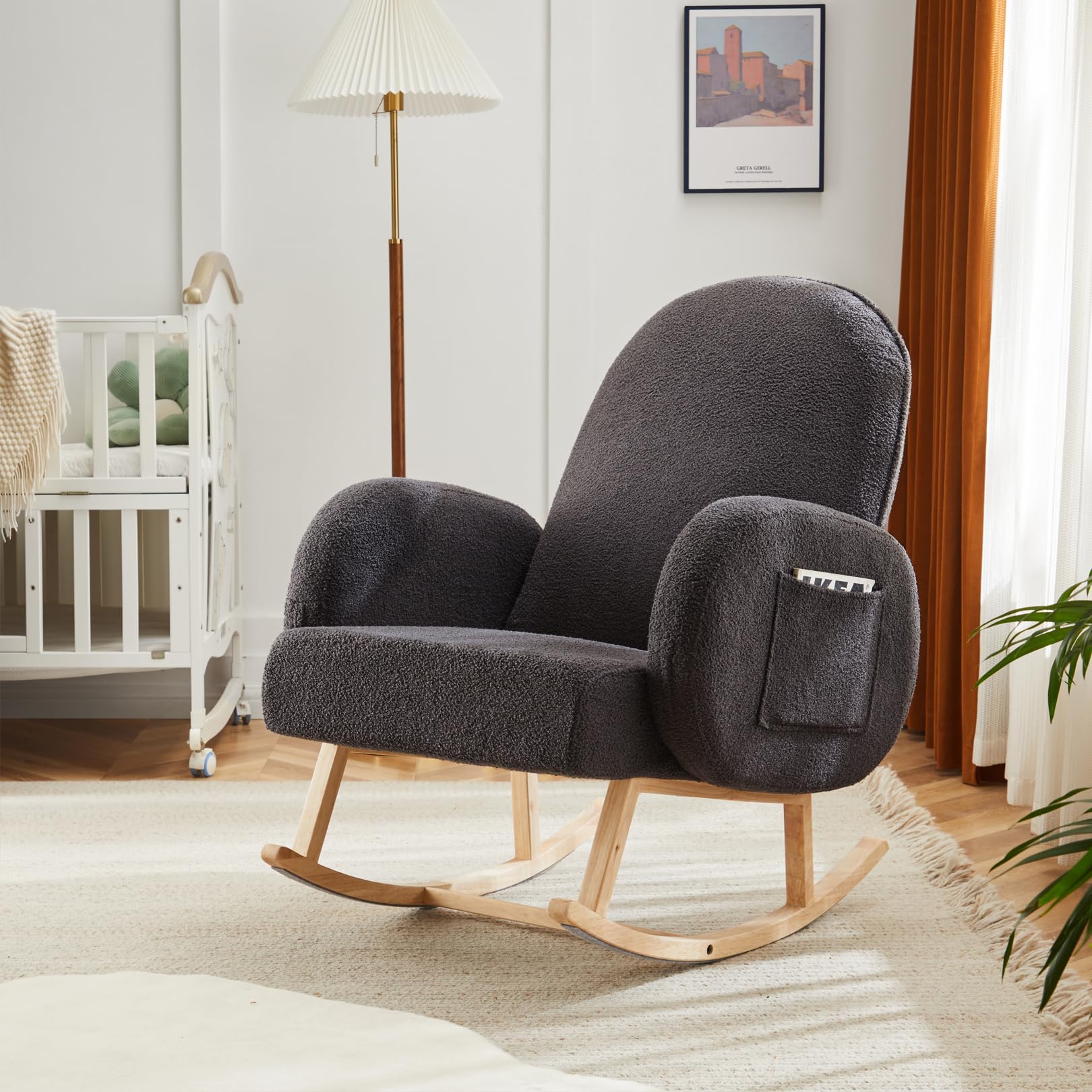 Comfortable Upholstered Rocking Chair with Side Pocket - Rubber Wood Legs Glider Accent Chair for Nursery, Living Room & Bedroom | Perfect for Nursing, Relaxing & Reading