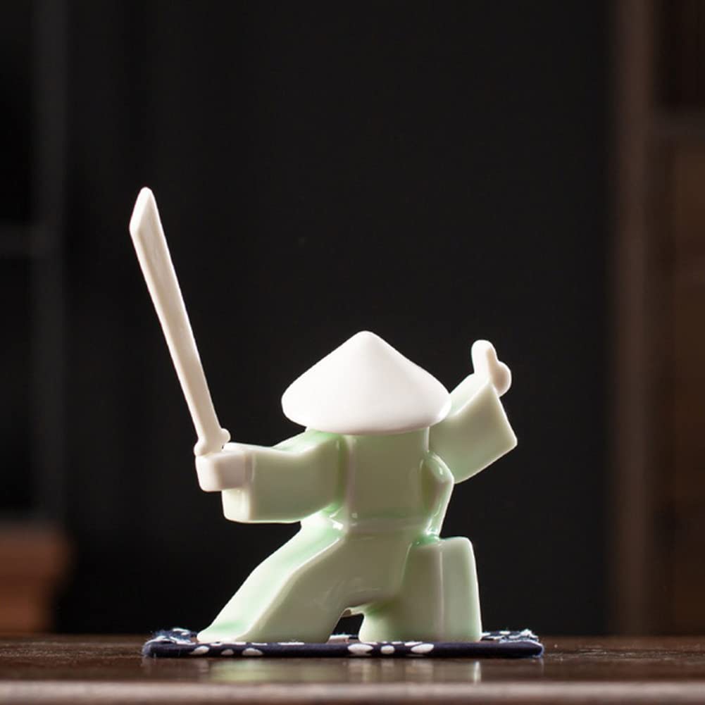 LZWNB Ceramic Samurai Incense Holder with Knife & Bamboo Coaster - Zen Meditation Decor, Home Office Desk Ornament, Green Aromatherapy Accessories for Relaxation & Stress Relief
