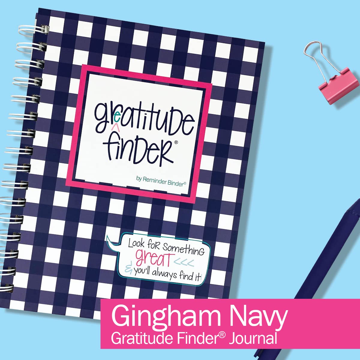 Denise Albright Gratitude Finder® 52-Week Undated Journal for Women, Teens & Girls - Self-Care Diary with 165 Hand-Drawn Stickers, Navy Gingham Design - Perfect for Daily Reflection, Mindfulness Practice & Gift Giving