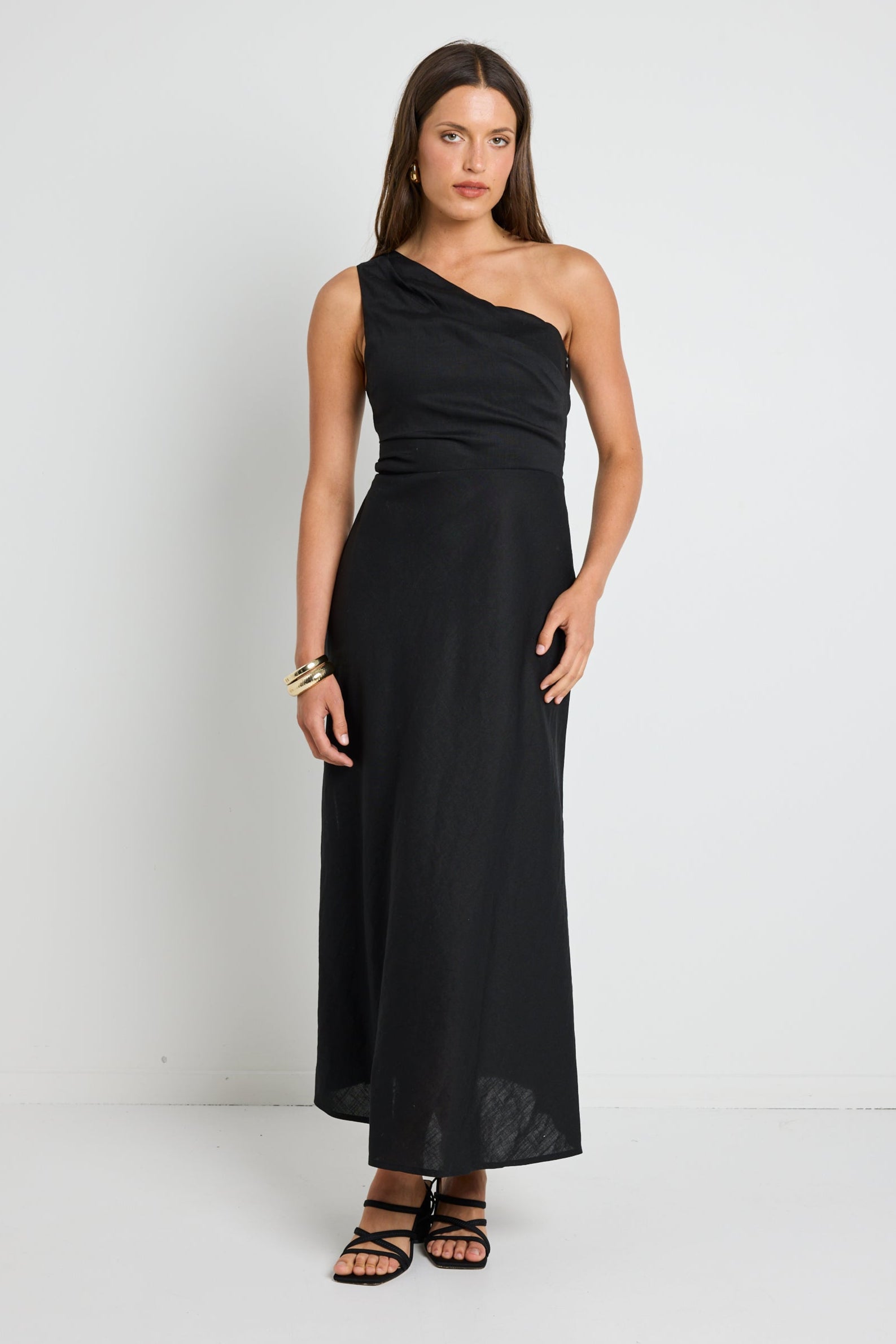 Flirt Black One Shoulder Tuck Midi Dress for Women - Elegant Cocktail Party & Date Night Outfit