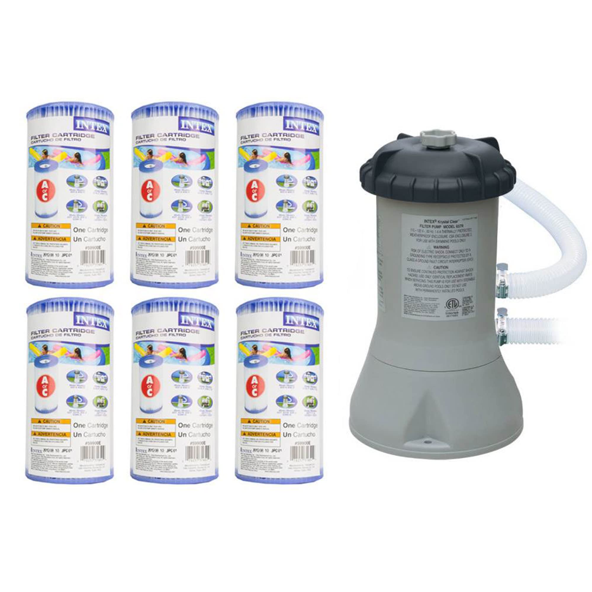 Intex 1000 GPH Easy Set Pool Filter Pump System with GFCI - Above Ground Swimming Pool Pump with Type A & C Filter Cartridges (6 Pack) - Perfect for Backyard, Inflatable & Frame Pools Maintenance