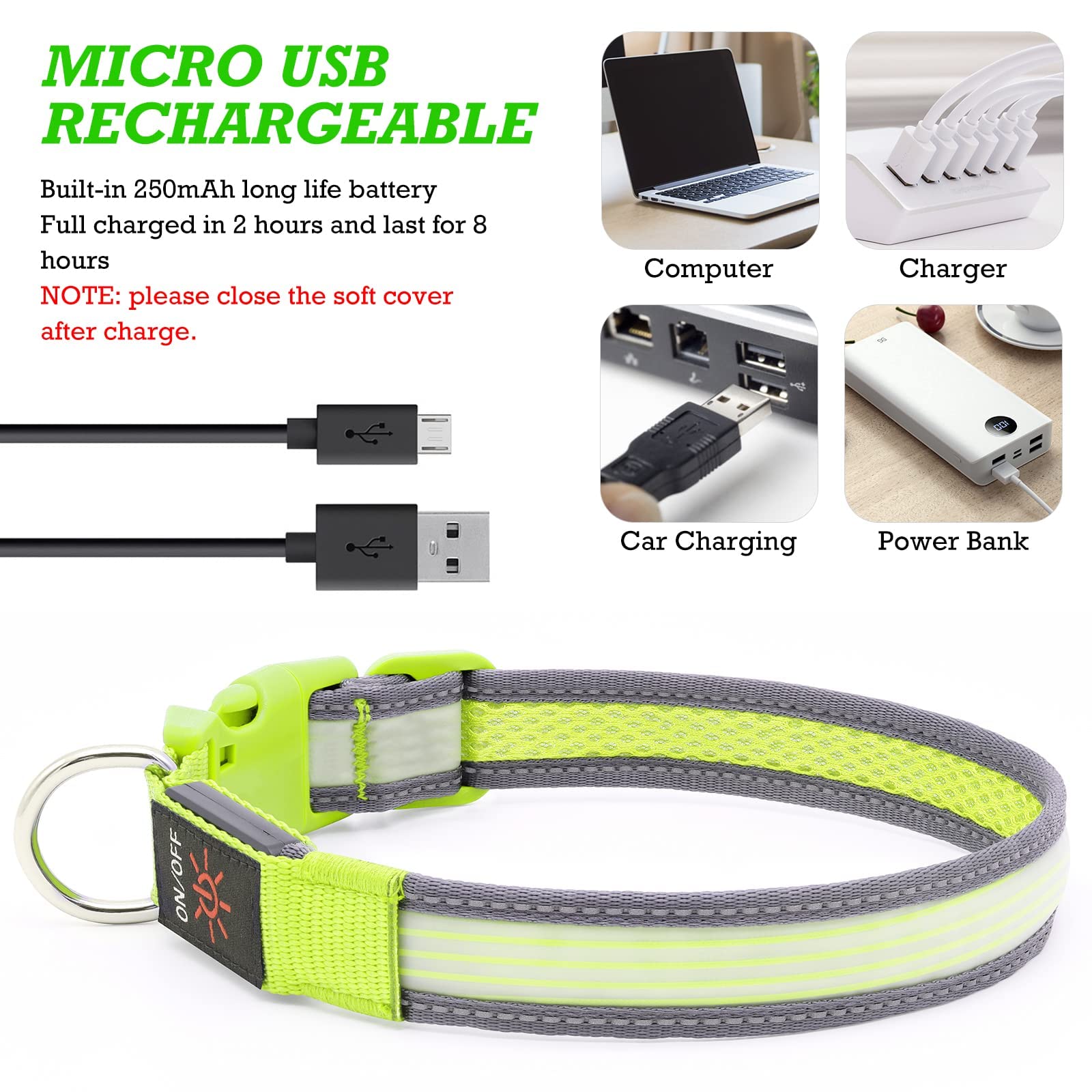YFbrite Adjustable LED Dog Collar with Reflective Strip - Glow in The Dark Safety Collar for Small Dogs (Green) - Perfect for Night Walks, Jogging & Outdoor Adventures