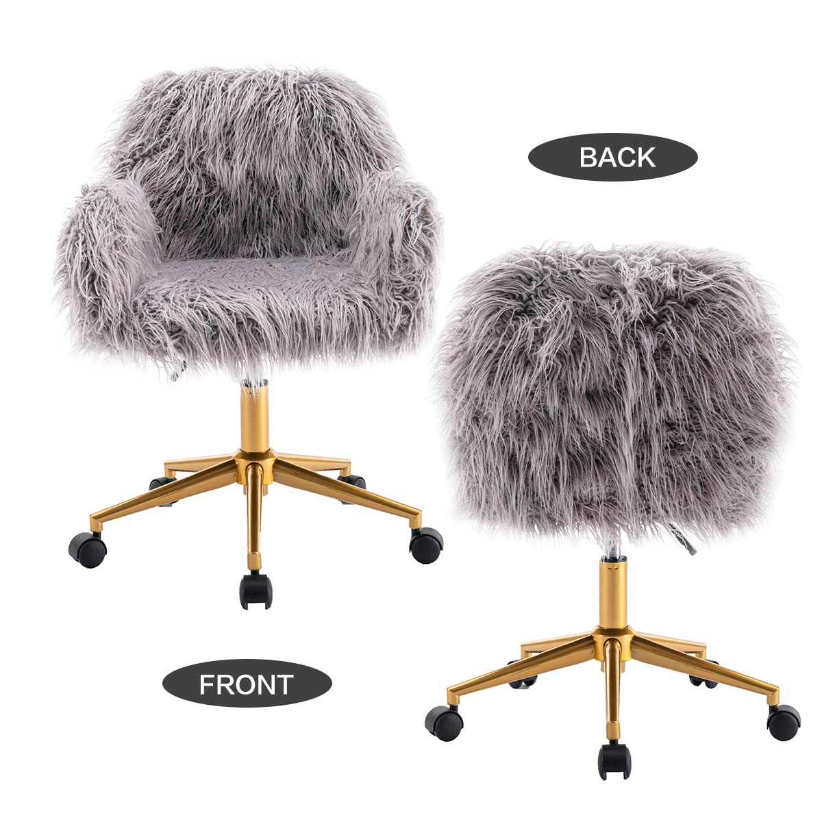 Fluffy Faux Fur Swivel Desk Chair - Adjustable Height Vanity Chair with Golden Base for Home Office, Gaming & Makeup Room - Soft Accent Chair for Small Spaces
