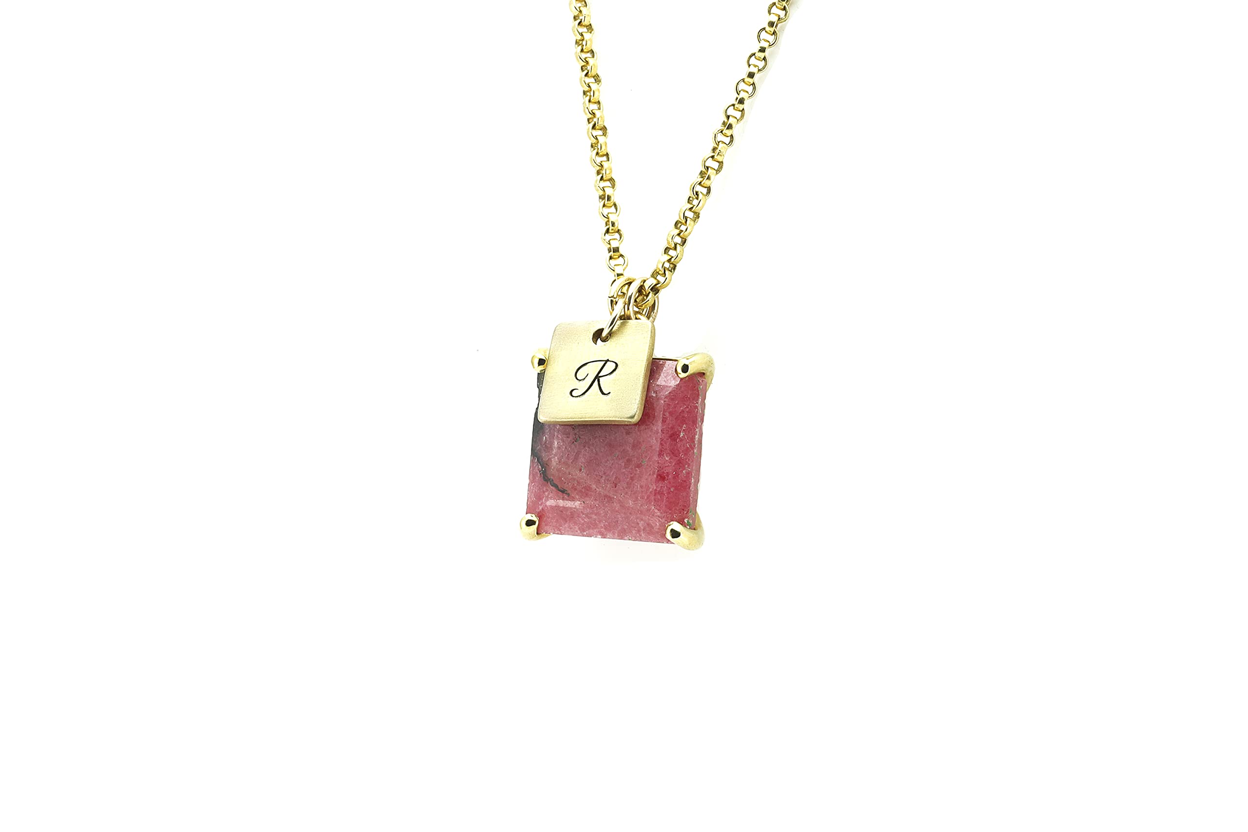 Square Cut Rhodonite Pink Gemstone Necklace - 14K Gold Plated Personalized Initial Pendant with Engraved Coin Charm - Women's Bridesmaid Jewelry Gift for Weddings, Anniversaries & Special Occasions