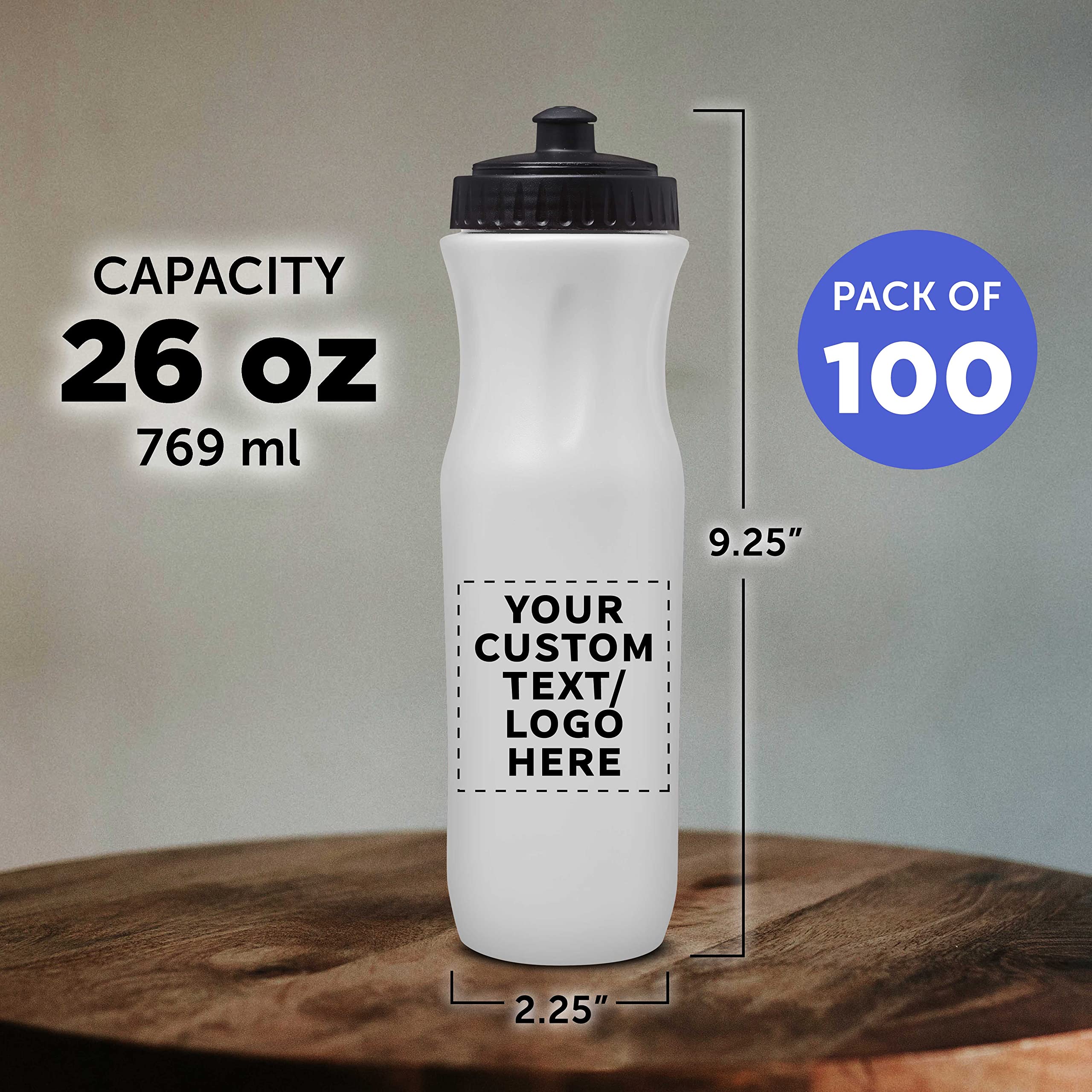 100 Pack 26 oz Customizable Plastic Water Bottles with Black Push Top Lids - Bulk White Water Bottles for Sports, Gym, School & Office - Personalized Text & Logo Printing Available