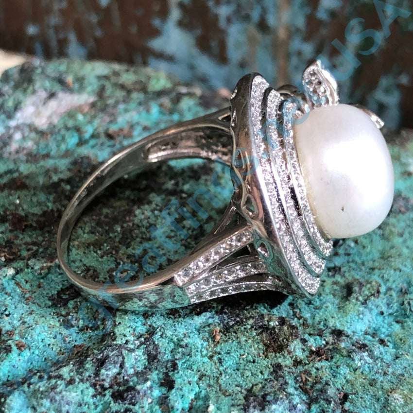 Elegant Sterling Silver Pearl & Cubic Zirconia Ring - Size 10 | Perfect for Weddings, Anniversaries & Special Occasions