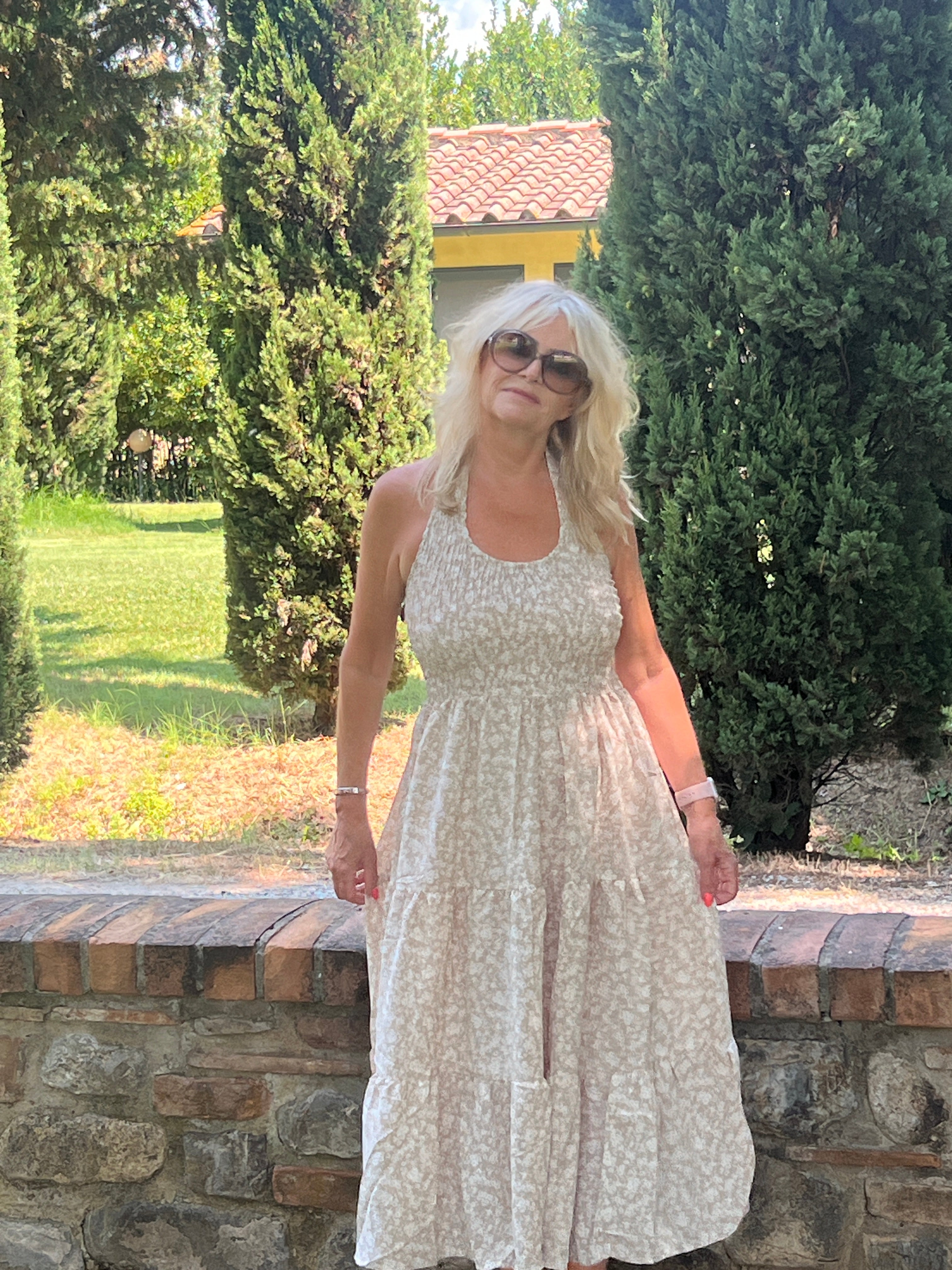 Lysandra Floral Print Summer Dress for Women - Elegant Beige Maxi Dress with V-Neck & Flowy Skirt | Perfect for Beach Vacations, Weddings & Date Nights