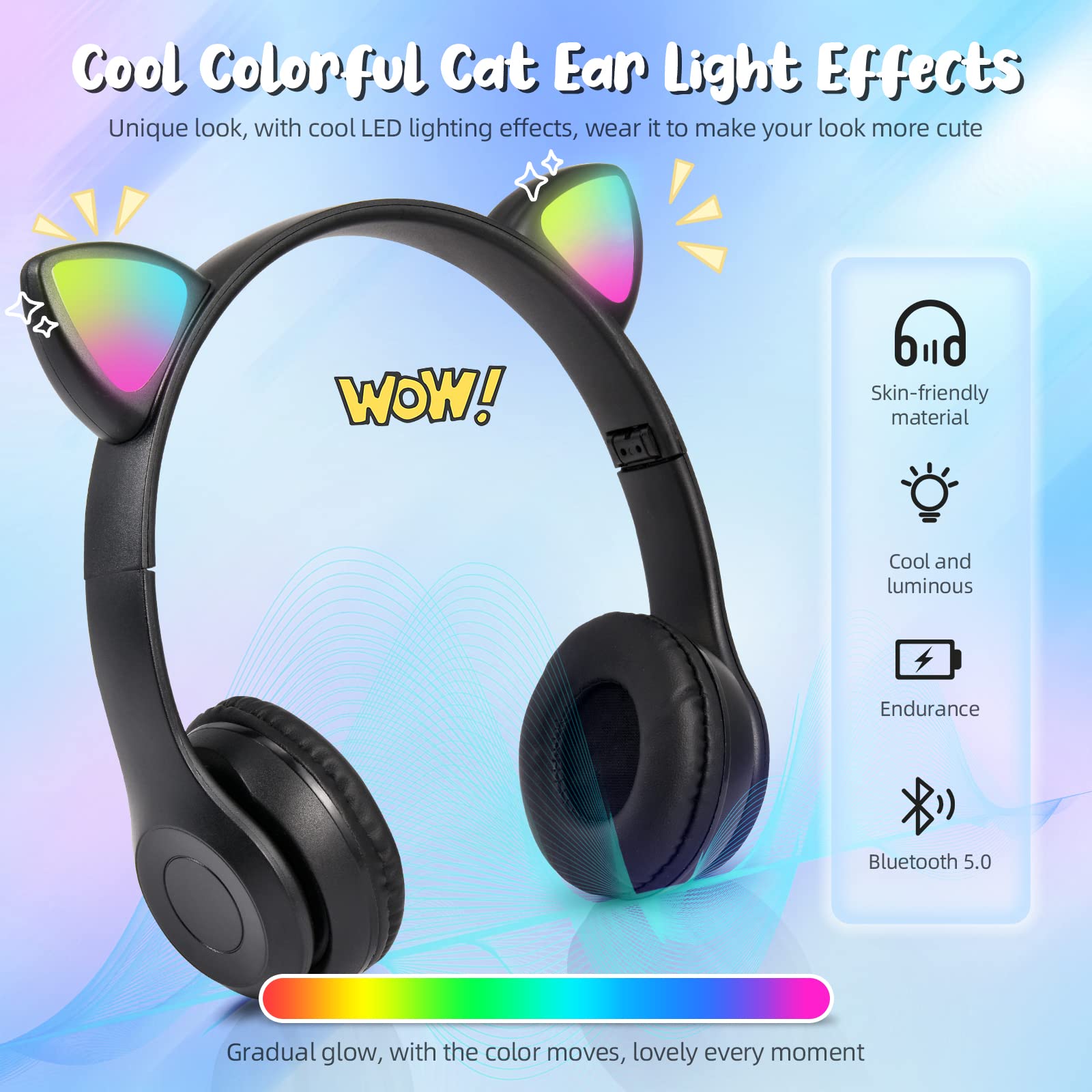 Bluetooth Wireless Kids Headphones with LED Cat Ears & Microphone - Over-Ear Stereo Headset for Children, TF Card/Wired Foldable Earphones - Perfect Gift for Boys & Girls Age 7+ (Black) - Ideal for School, Travel, and Home Use