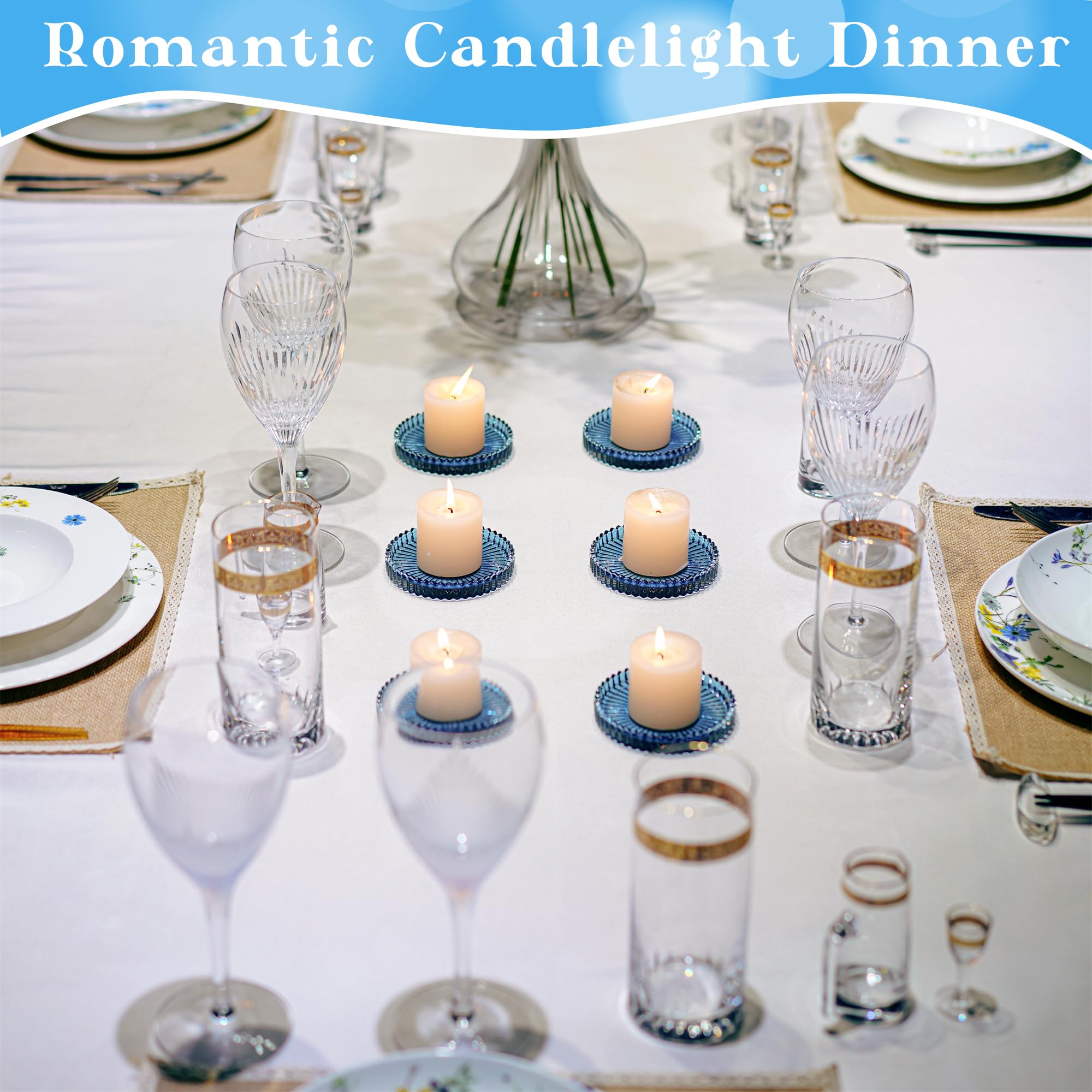 Kanpura Set of 6 Blue Glass Candle Holders - Elegant Pillar Candle Plates & Coasters for Home Decor, Wedding Centerpieces, Table Settings, and Romantic Ambiance