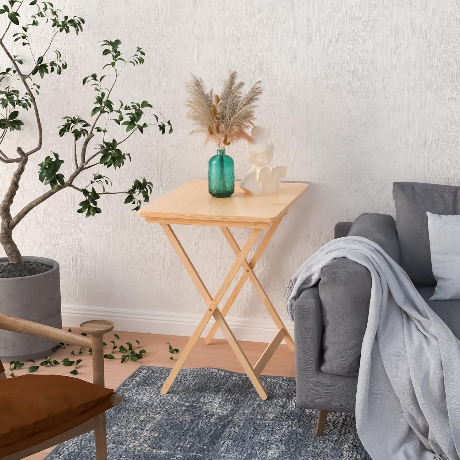Fully Assembled Folding TV Tray Table Set of 2 - Natural Bamboo Foldable TV Dinner Trays for Eating, Sofa, Couch & Bed - Perfect for Movie Nights, Breakfast in Bed & Small Space Living