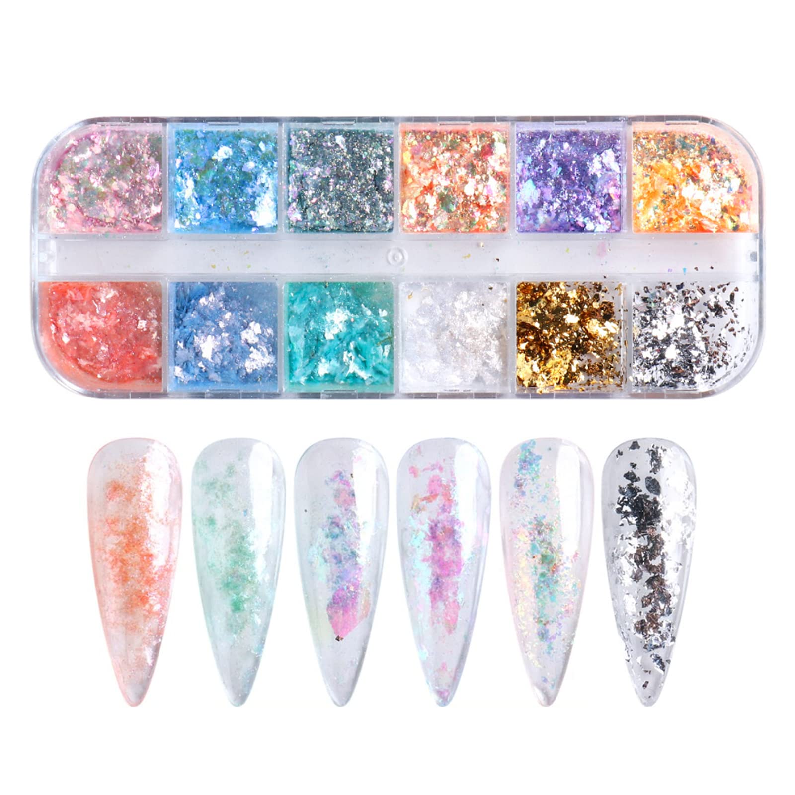 Holographic Nail Glitter Flakes - 12 Grids Iridescent Nail Sequins, Opal Glitter Paillettes for DIY Manicure & Nail Art | Aurora Nail Powder & Foil for Professional Salon & Home Nail Decorations
