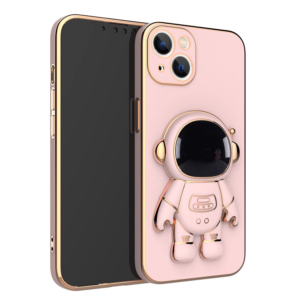 6D Plating Astronaut Hidden Stand Phone Case for iPhone 12 Pro - Pink | Foldable Bracket with Free Camera Protector | Durable Shockproof Cover for Work, Travel & Daily Use
