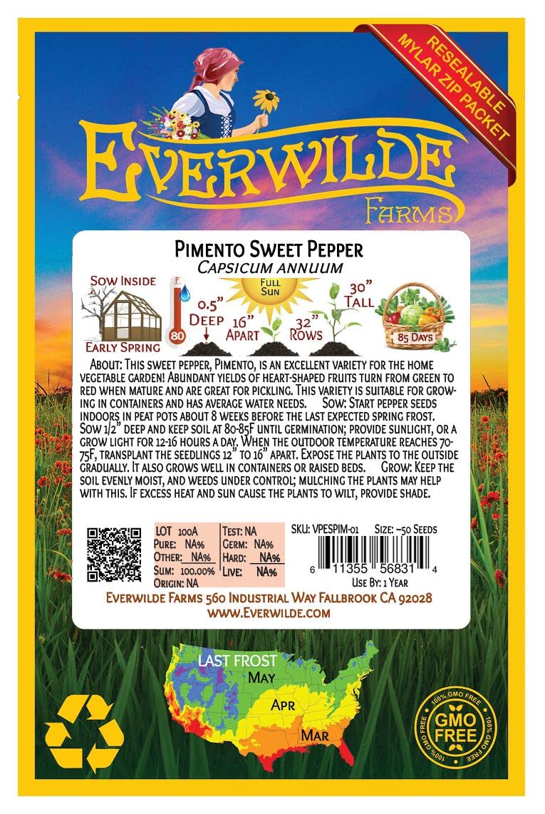 50 Pimento Sweet Pepper Seeds - Non-GMO Heirloom Seeds for Home Garden Planting - Perfect for Salads, Salsas, and Canning - Everwilde Farms Gold Vault Seed Packet