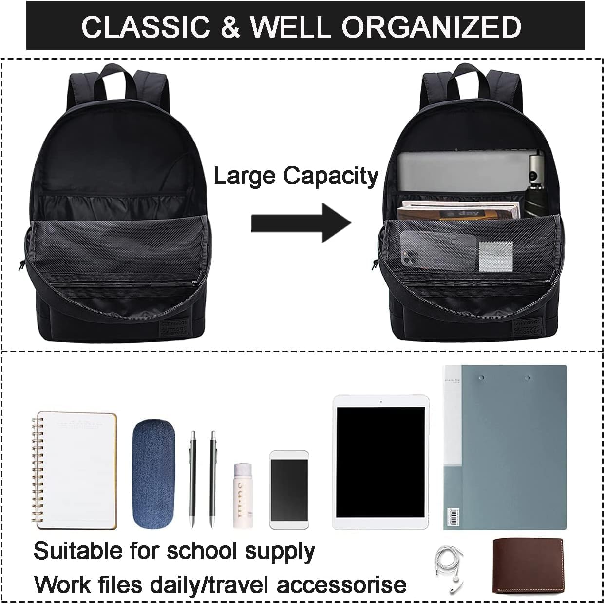 SUPACOOL Lightweight Laptop Backpack for Men & Women - College Bookbag with USB Charging Port - Durable School Backpack for Students - Perfect for Travel, Work & Daily Commute (Black)