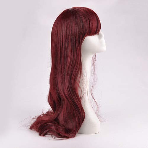 Fashionable Women's Long Curly Wavy Full Wig - Natural Looking Neat Bang Party Wig for Cosplay & Halloween (Wine Red) | Perfect for Costume Parties, Themed Events & Daily Fashion