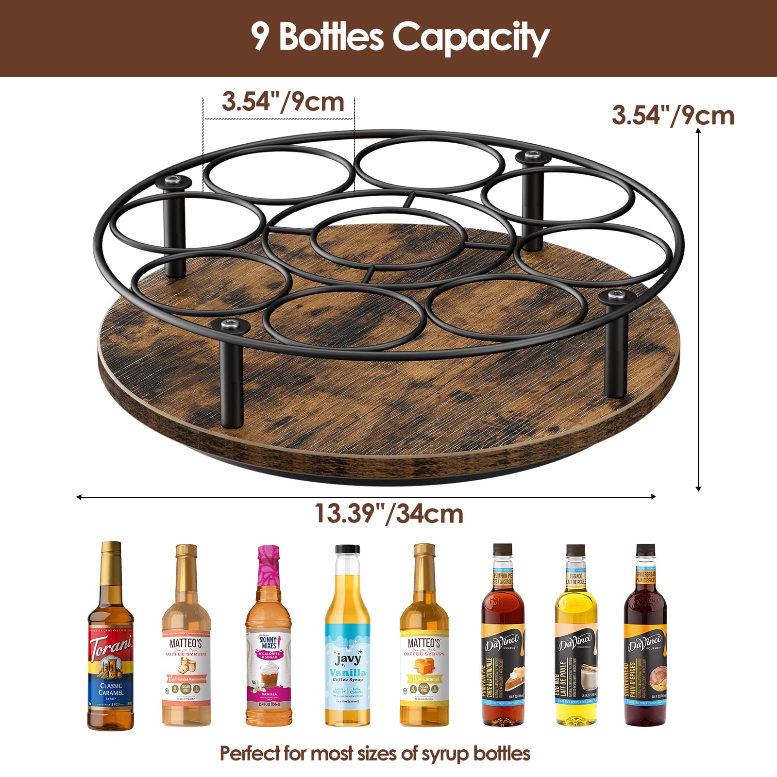 Nuovoware 9 Bottle Rotating Coffee Syrup Organizer Rack - Carbon Steel Frame with Wooden Base for Coffee, Liquor & Thermos Bottles - Space Saving Tabletop Storage for Bars, Cafes & Home Kitchens (Brown & Black)