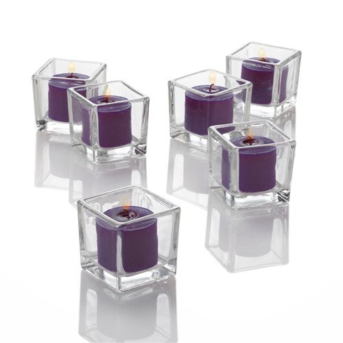Richland Set of 72 Eastland Square Glass Votive Holders & 72 Purple Unscented Votive Candles for Wedding, Party, Home Decor, and Romantic Ambiance Lighting