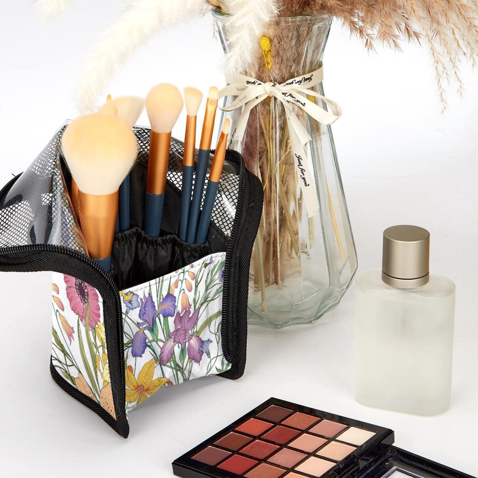Floral Jungle Plant Makeup Brush Organizer Bag with 12 Brush Slots - Portable Travel Cosmetic Brush Holder Case for Professional Makeup Artists & Beauty Enthusiasts - Perfect for Home Vanity, Salon Use & On-the-Go Touchups