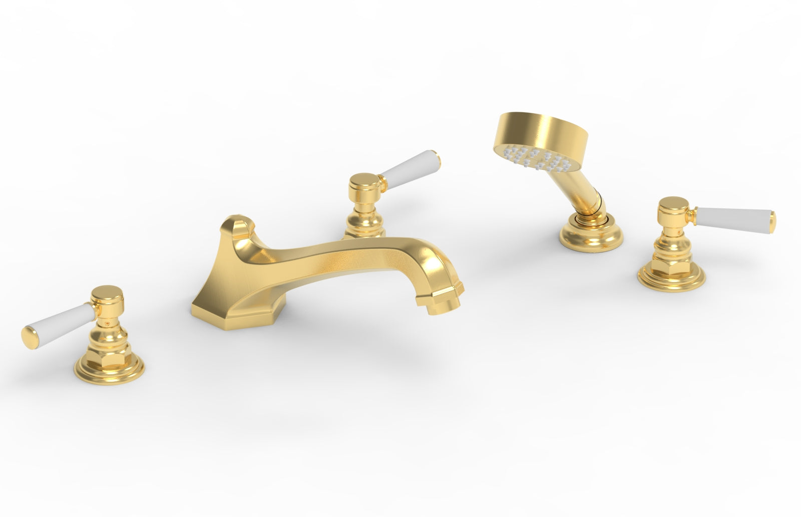 HEX TRADITIONAL Deck Mount Bathtub Faucet Set with Hand Shower - Satin White Finish & Lever Handles (Model 500-49) - Perfect for Modern Bathroom Renovations & Spa-Like Shower Experience