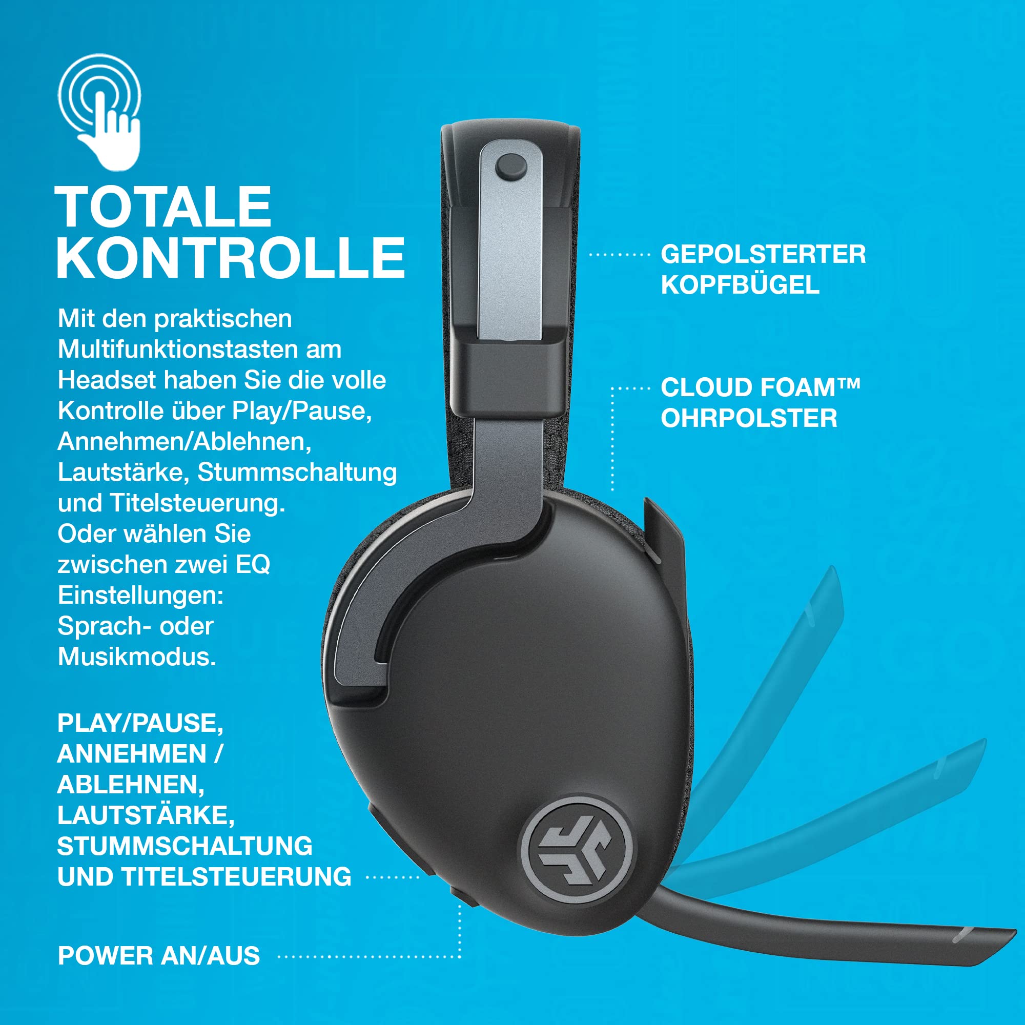 JLab JBuds Work Wireless Headset with Microphone - Over Ear Computer Headphones with 60+ Hours Playtime, Multipoint Bluetooth for Laptop, Teams, Office - Perfect for Remote Work, Video Calls & Online Meetings (1 Pack)