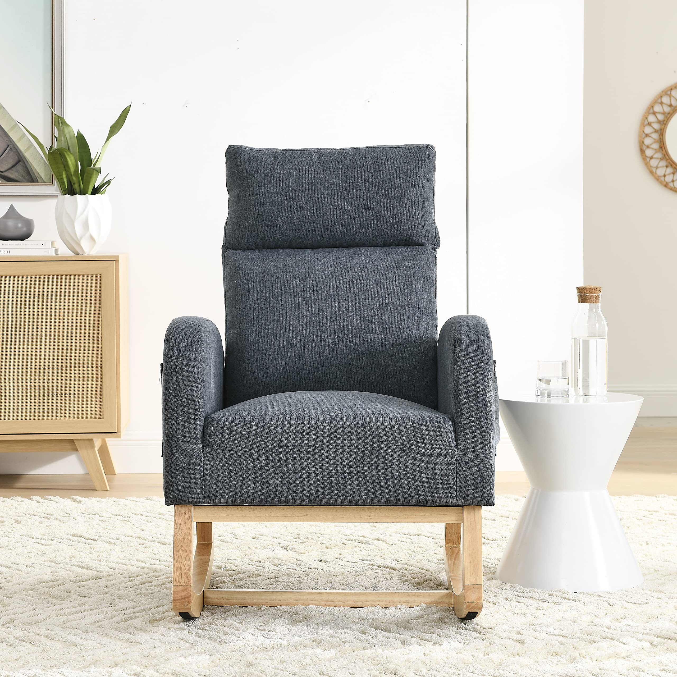 Yoglad Modern Upholstered Rocking Chair - Nursery Glider with Side Pocket, Mid-Century Design Armchair for Baby Room, Kids Bedroom & Living Room (Dark Grey, 27
