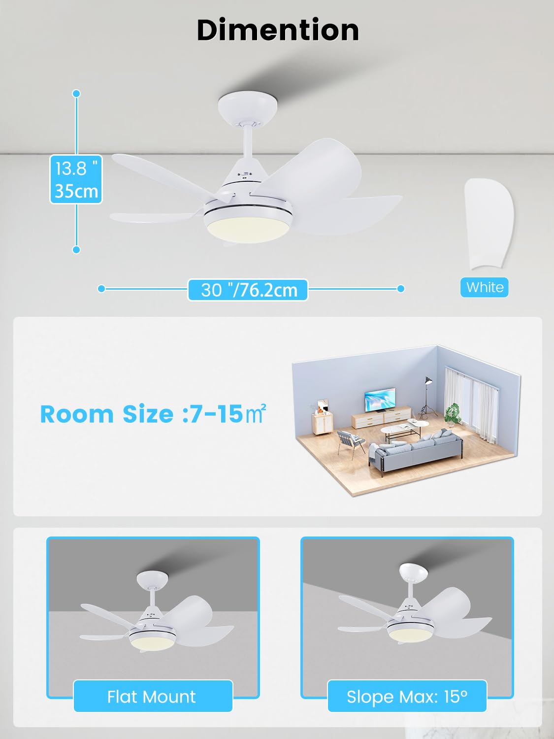 30'' Modern Ceiling Fan with LED Light & Remote Control - 5 Reversible Blades, Adjustable Color Temperature - Perfect for Bedroom, Living Room & Office - White