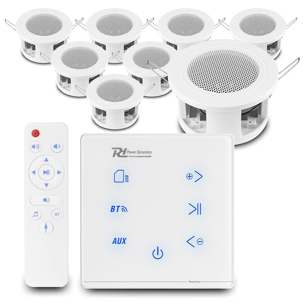 Power Dynamics A100W Bluetooth Ceiling Speaker System with 8x CSBA3L In-Wall Amplifier - Wireless Home Audio Sound System for Kitchen, Bedroom, Living Room (White) | Perfect for Whole House Music, Home Theater & Background Audio