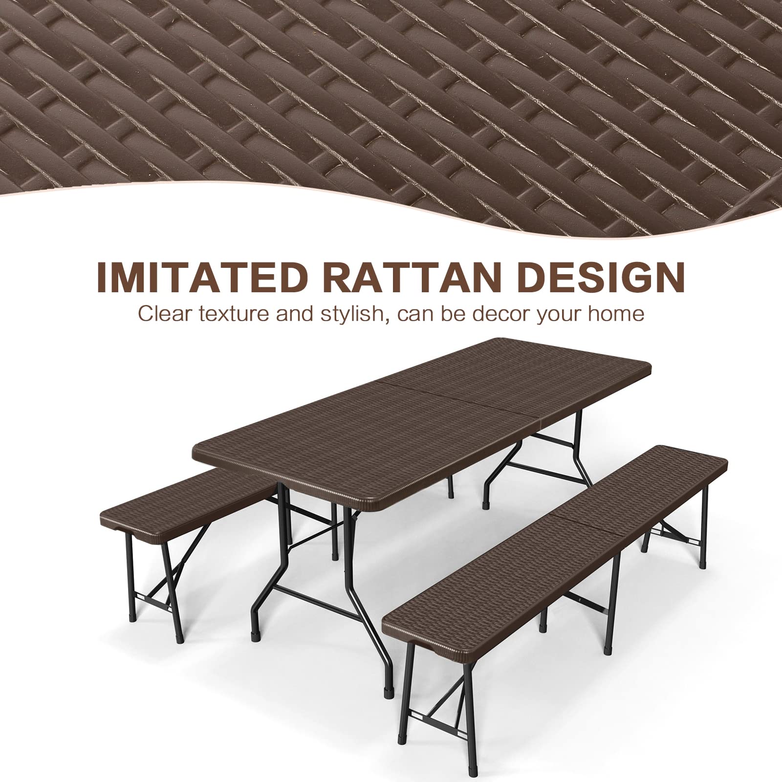 Todeco 6FT Heavy Duty Folding Table - Imitated Rattan Portable Indoor Outdoor Picnic Party Dining Camping Table with Handle, Brown - Perfect for Backyard BBQ, Beach Trips & Tailgating
